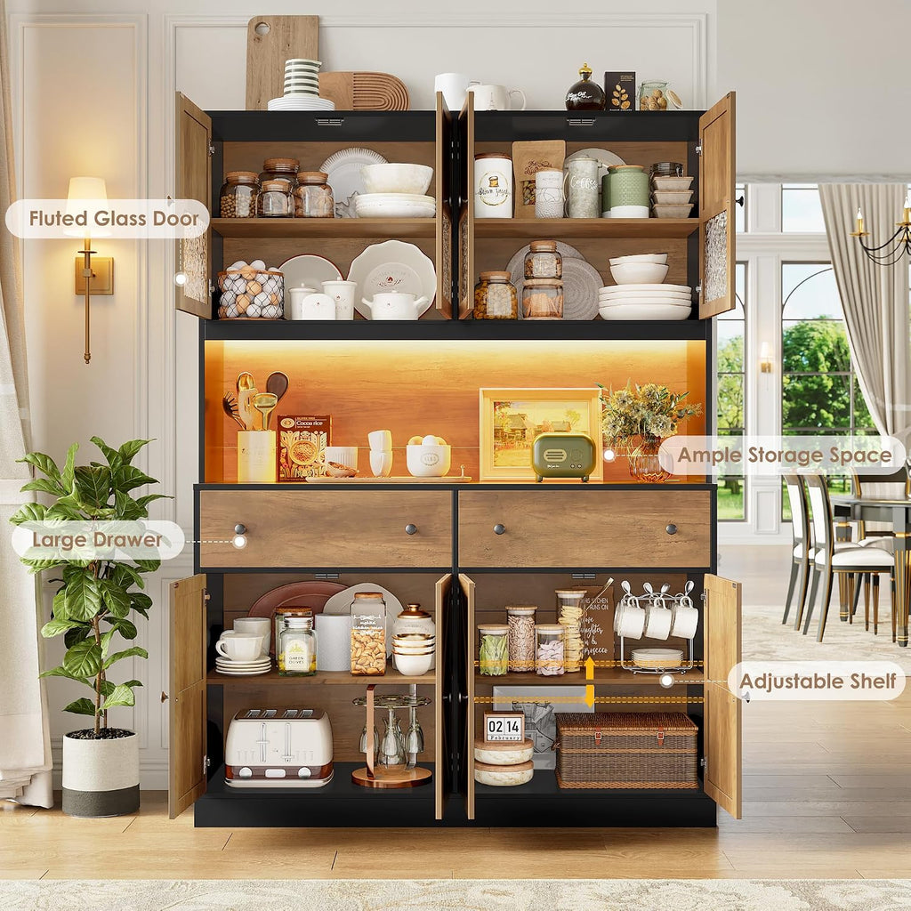 FINETONES 71' Pantry Cabinet with LED Light and Charging Station, Farmhouse Kitchen Pantry Cabinet with Microwave Stand, 47.2' Wide Kitchen Hutch Food Pantry with Open Countertop, Black/Brown