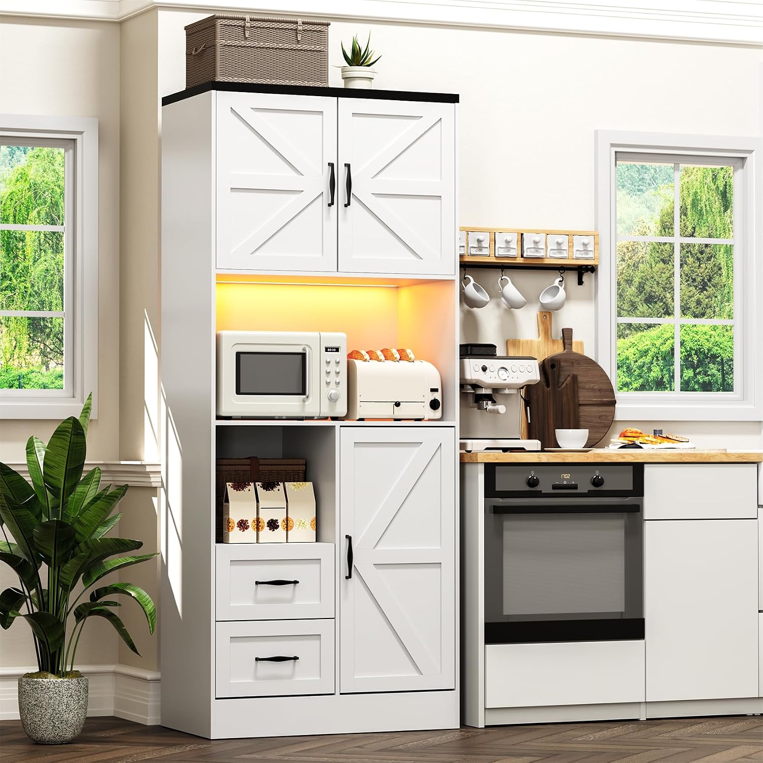 Kitchen Pantry Storage Cabinet with LED Lights and Power Strip, Tall Farmhouse Kitchen Pantry with Barn Doors and Drawers, Adjustable Shelves for Dining Living Room (White)