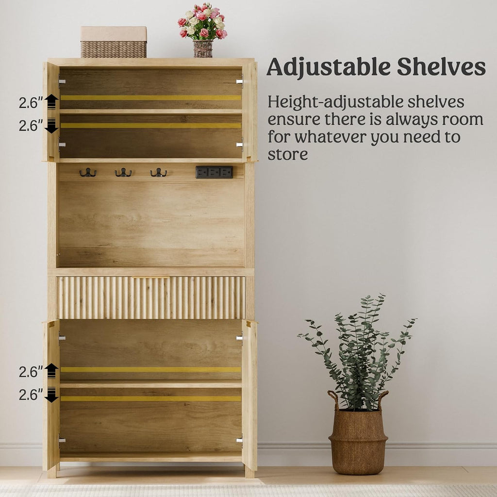 Lulive 71' Fluted Pantry Cabinet with Charging Station & Adjustable Shelves, Spacious Kitchen Storage Cabinet with Open Countertop & Drawer for Dining Room, Living Room, Natrual