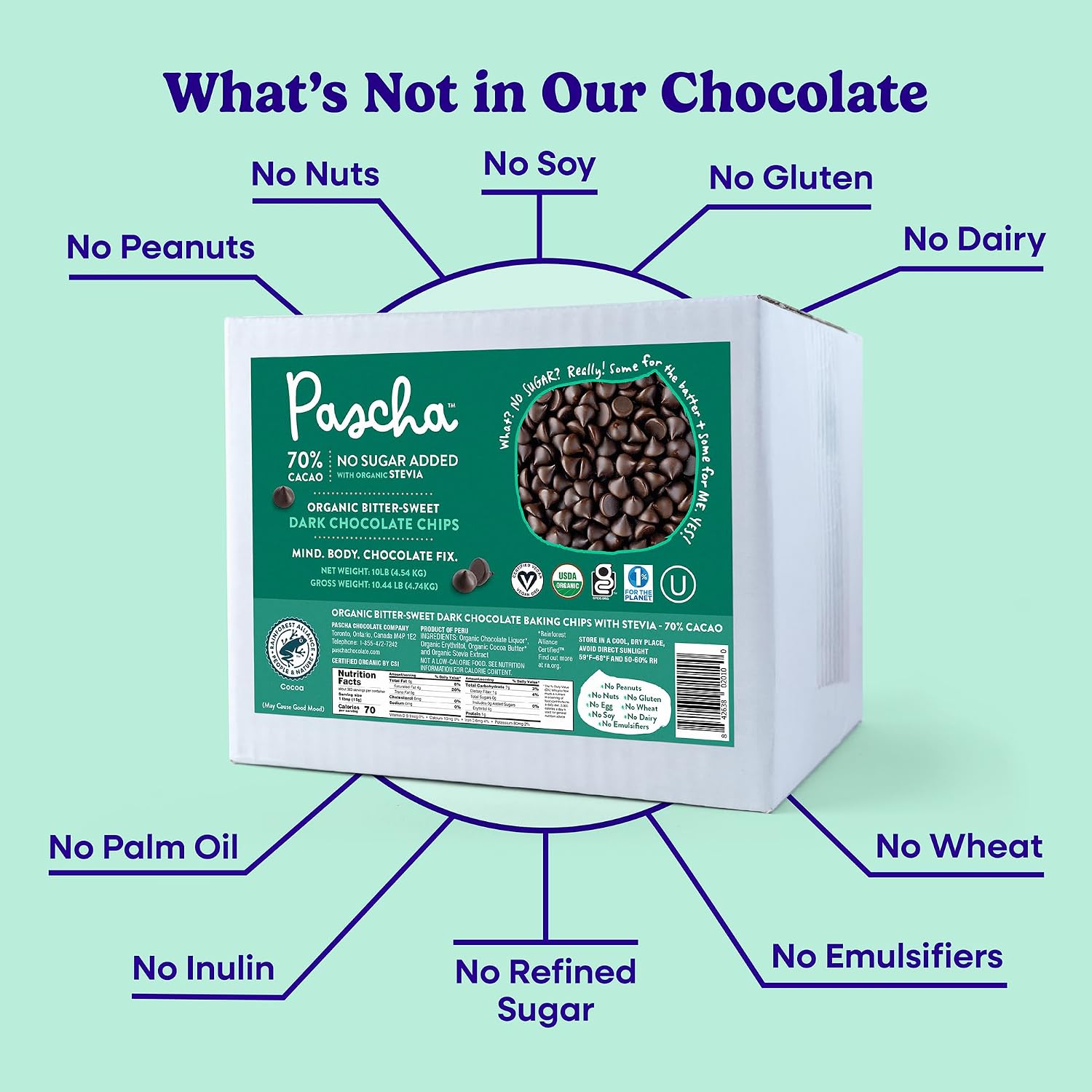 Pascha Bulk Organic Chocolate Chips (Bulk Keto Baking Chips (10 lbs) - No Added Sugar)