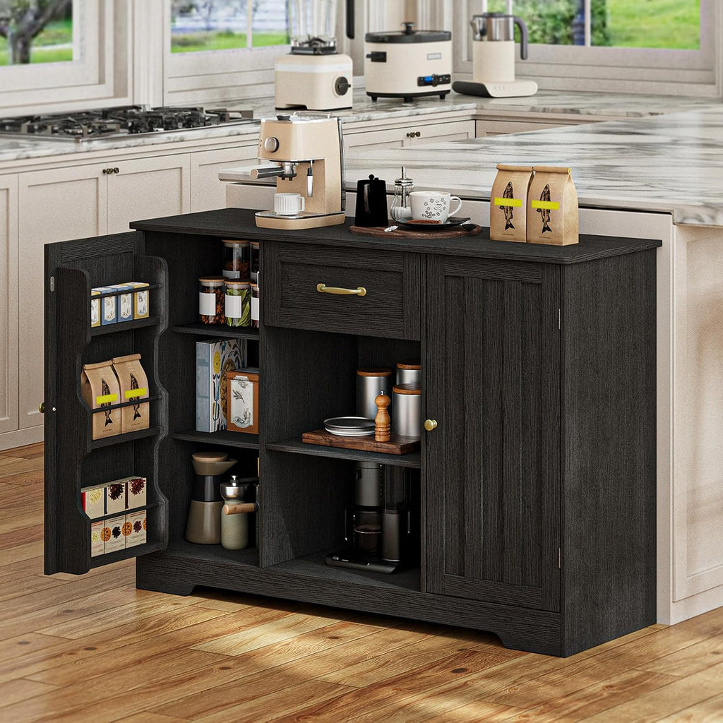 Gizoon 45' Coffee Bar Cabinet with Door and Shelves Kitchen Hutch with Countertop, Kitchen Buffer Cabinet with Storage for Bedroom and Living Room, Black