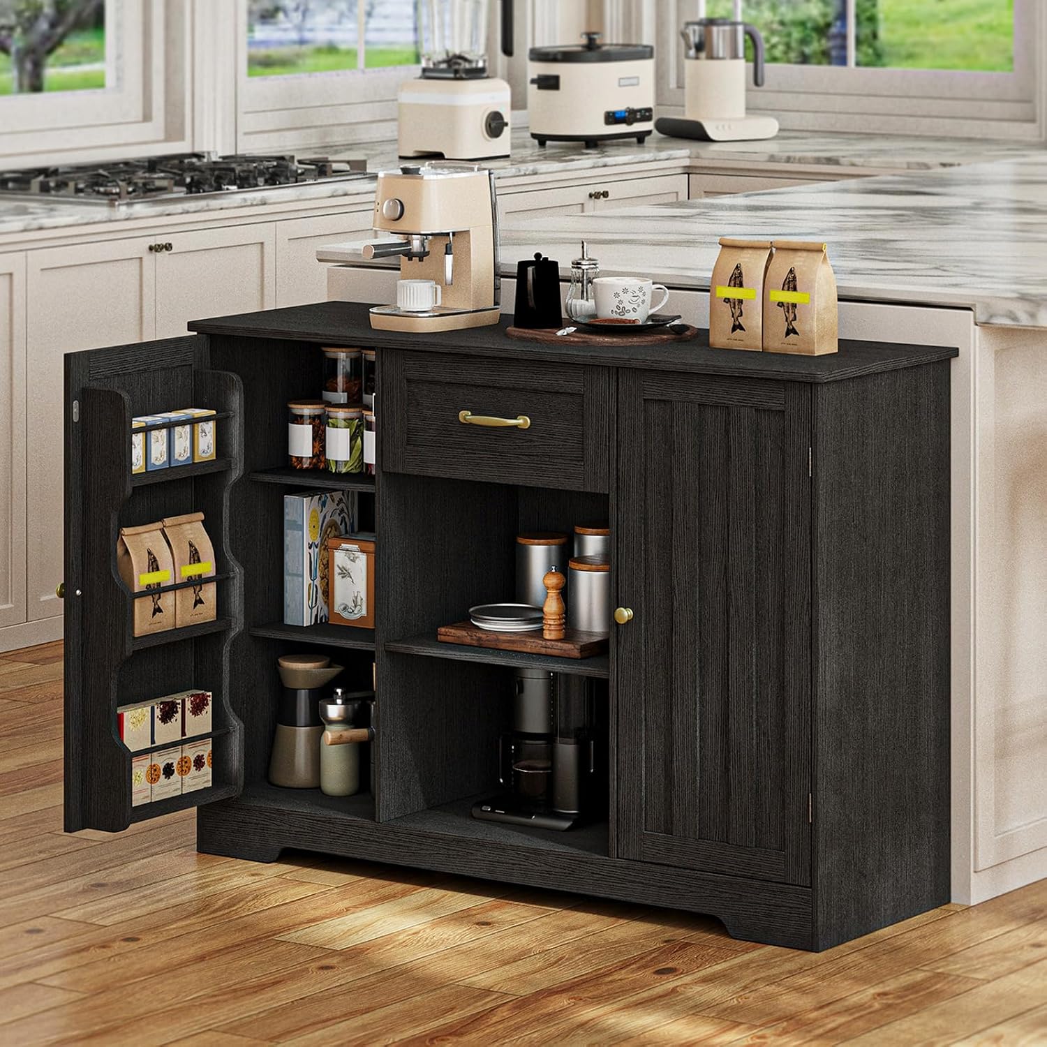 Gizoon 45' Coffee Bar Cabinet with Door and Shelves Kitchen Hutch with Countertop, Kitchen Buffer Cabinet with Storage for Bedroom and Living Room, Black