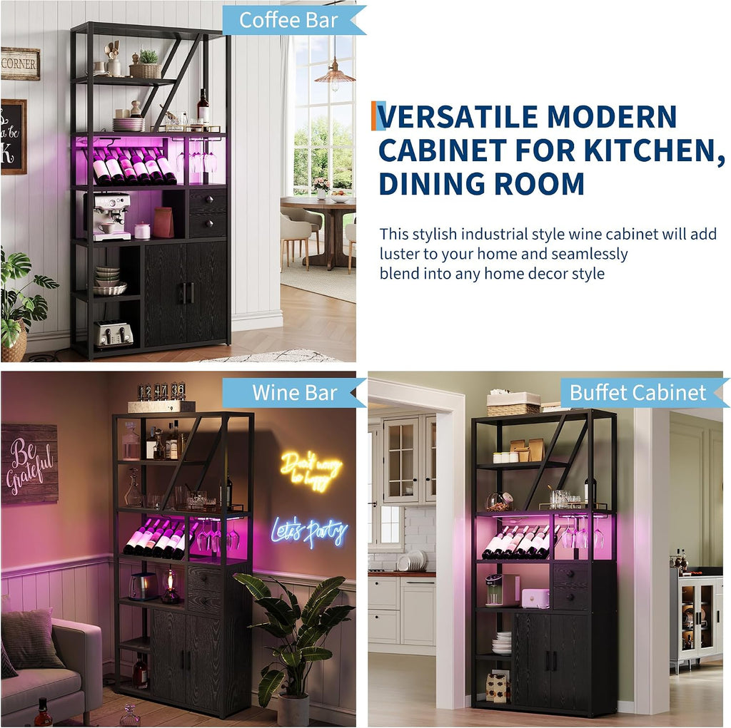Wine Bar Cabinet with LED Lights and Power Outlets – Tall Coffee Bar Station with Wine Rack, Kitchen Microwave Stand and Bakers Rack – Stylish Cabinet for Living Room, Home, Dining Room, Black