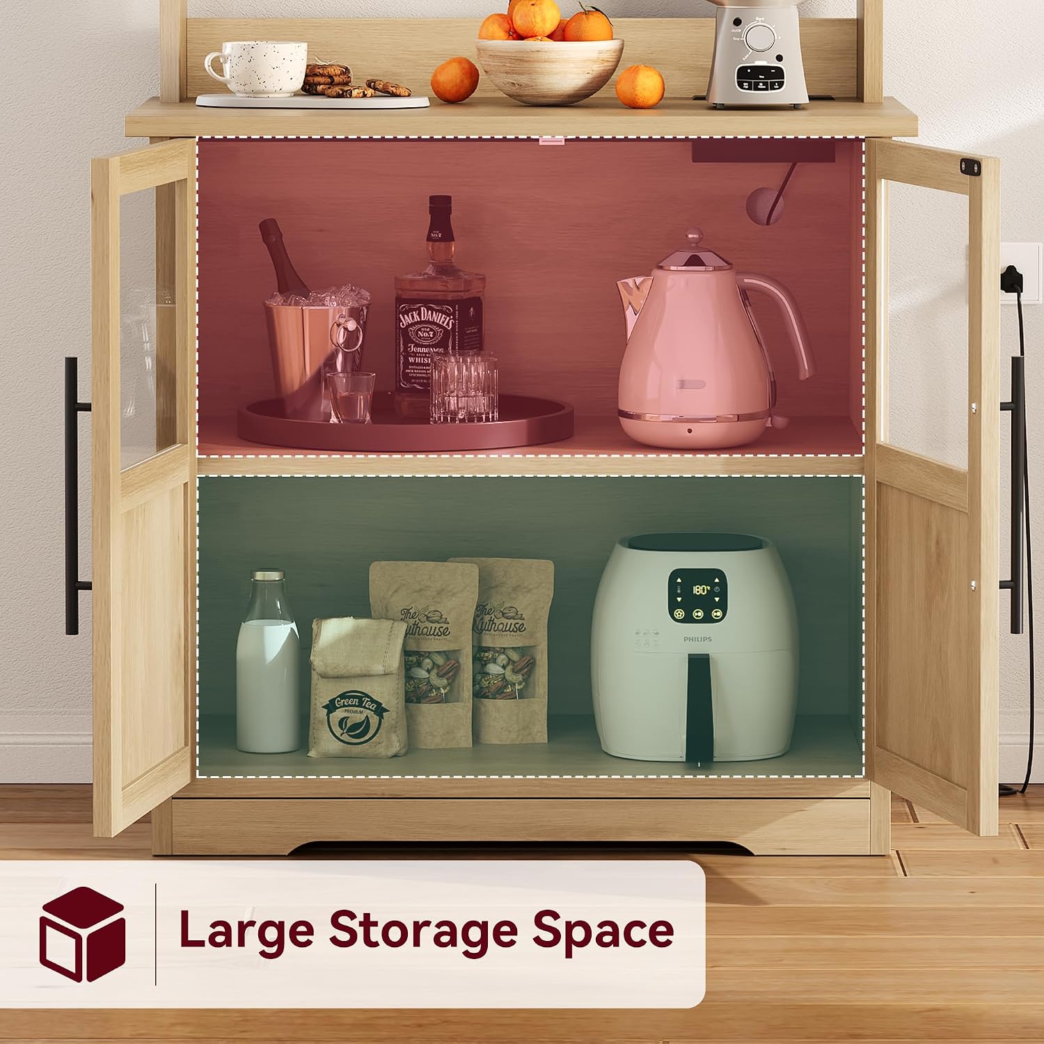 Bakers Rack with Storage Cabinet, Farmhouse Microwave Stand with Power Outlets & Glass Doors, Small Kitchen Bakers Rack with Thick Table Top, Coffee Bar Station, Retro Brown