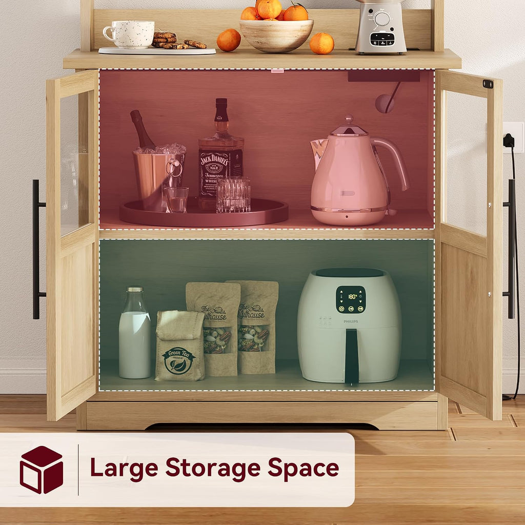 Farmhouse Bakers Rack with Charging Station, Rustic Wood Hutch with Glass Door Storage Cabinet & 3 Open Shelves, Kitchen Pantry Organizer Microwave Stand for Living Room, Dining Room, Natural wood