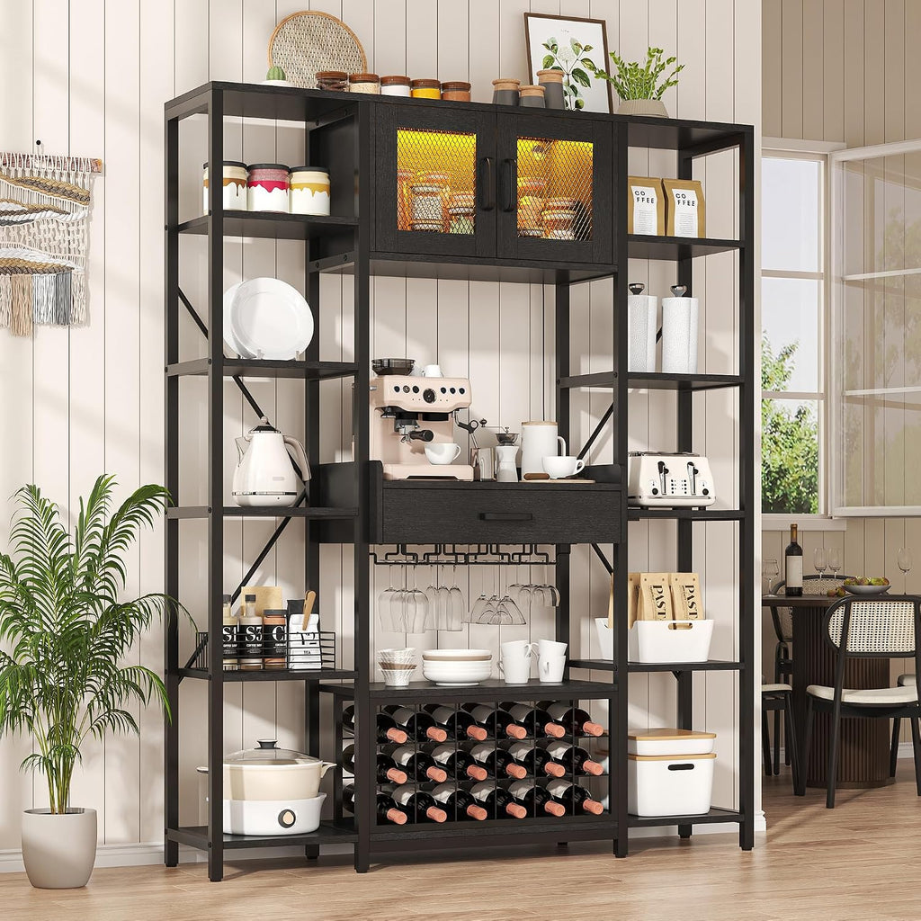 Nosepen 65.35 Inch Large Bakers Rack with Power Outlet and LED Light, 6-Tier Microwave Stand with Doors, Open Countertop and Storage Shelves, Farmhouse Coffee Bar Cabinet Station with Wine Rack, Black