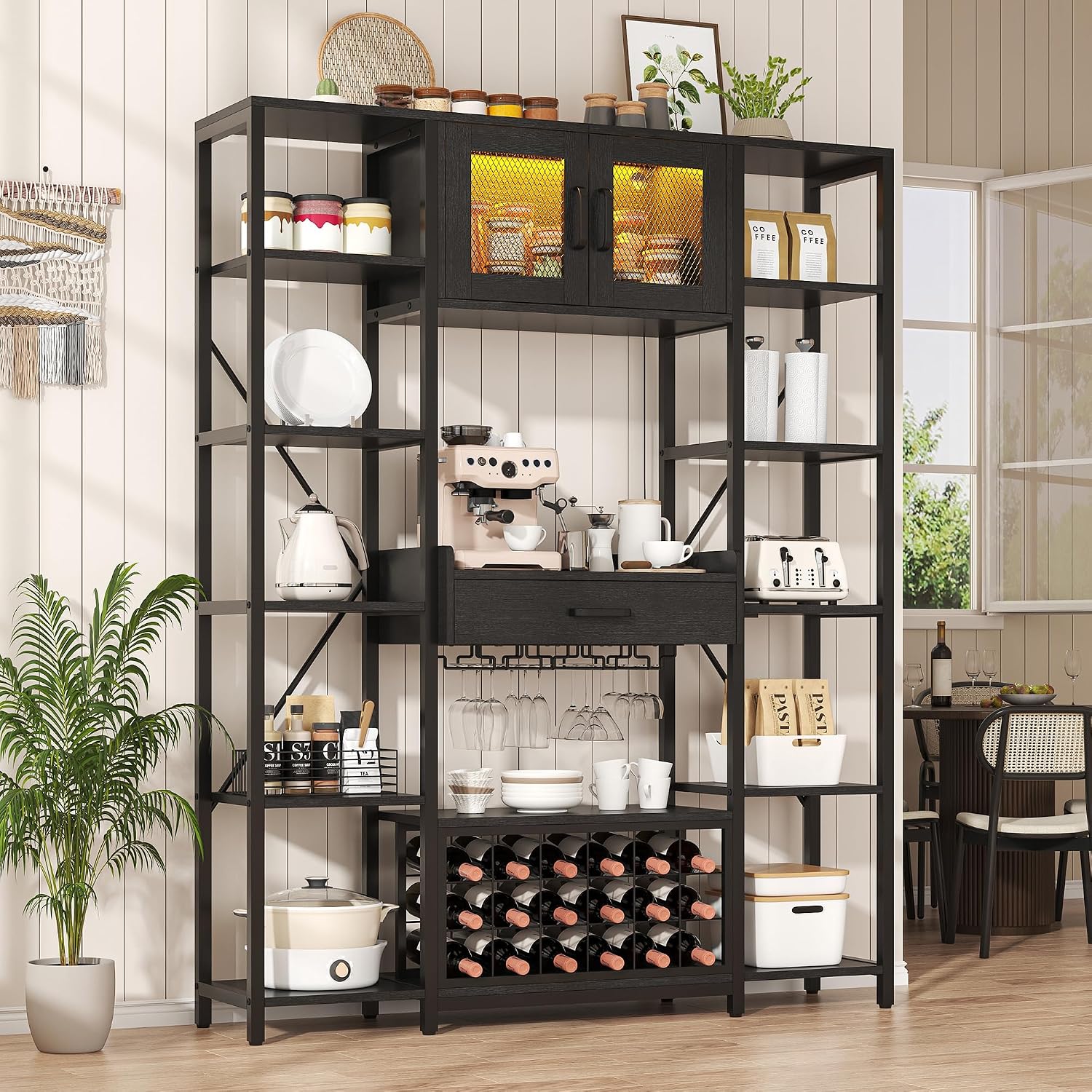 Nosepen 65.35 Inch Large Bakers Rack with Power Outlet and LED Light, 6-Tier Microwave Stand with Doors, Open Countertop and Storage Shelves, Farmhouse Coffee Bar Cabinet Station with Wine Rack, Black