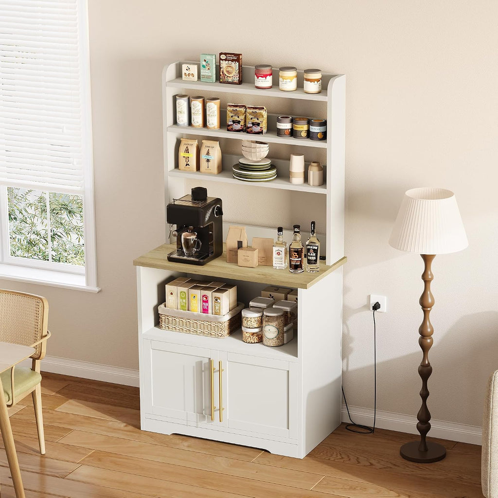 Garvee Farmhouse Bakers Rack with Power Outlets, Microwave Stand with Cabinet, Kitchen Hutch Pantry Cabinet, Kitchen Coffee Bar Cabinet for Spices, Dishes, and Pots, White