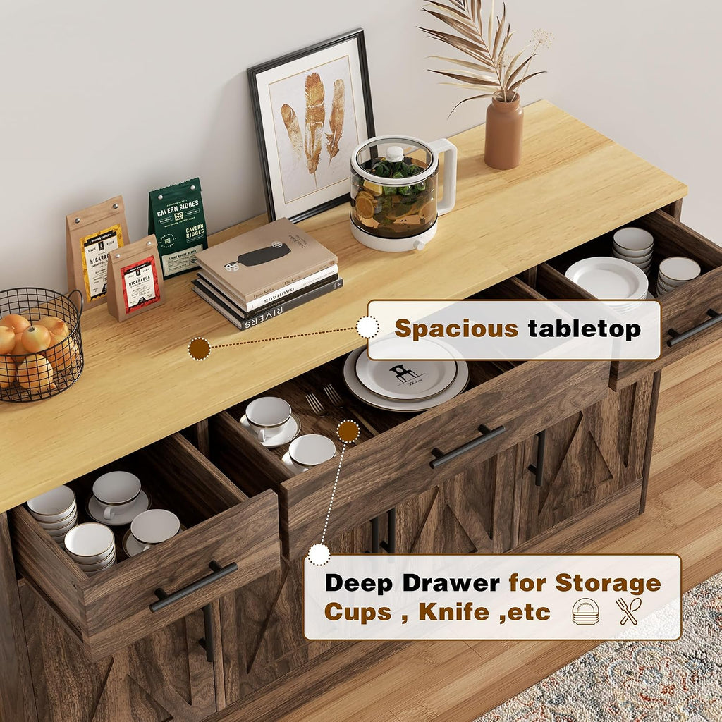 Vongrasig Buffet Cabinet with Drawers, 53' Large Sideboard Buffet Kitchen Storage Cabinet, Modern Farmhouse Coffee Bar with Shelves and Doors, Wood Buffet Table for Kitchen, Dining Room, Rustic Brown