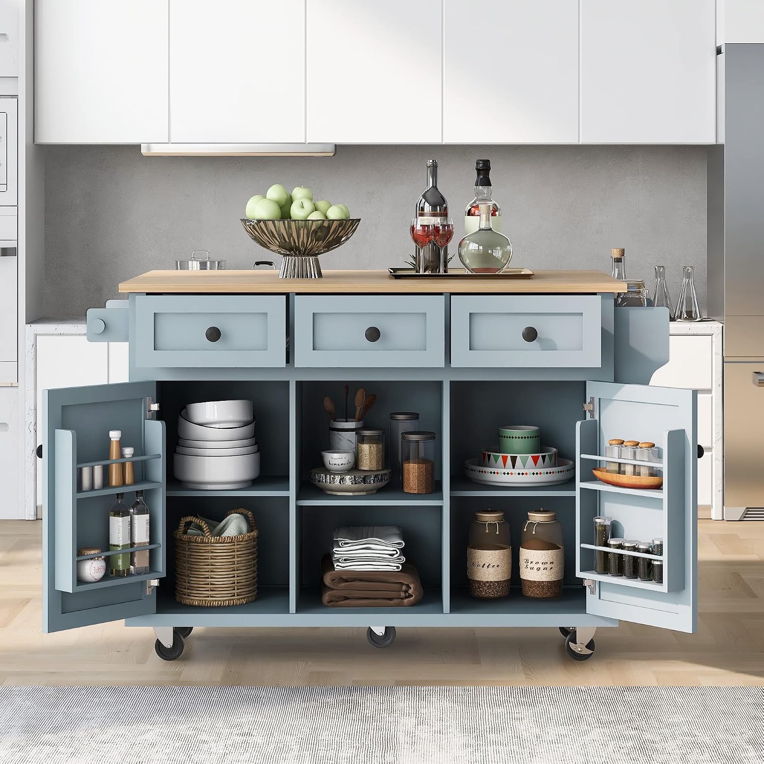 Modern Kitchen Island on 5 Wheels with Storage Cabinet and Drop-Leaf Countertop, Kitchen Cart with Cabinet Door Internal Storage Racks and 3 Drawers for Dinning Room (Grey Blue#M)