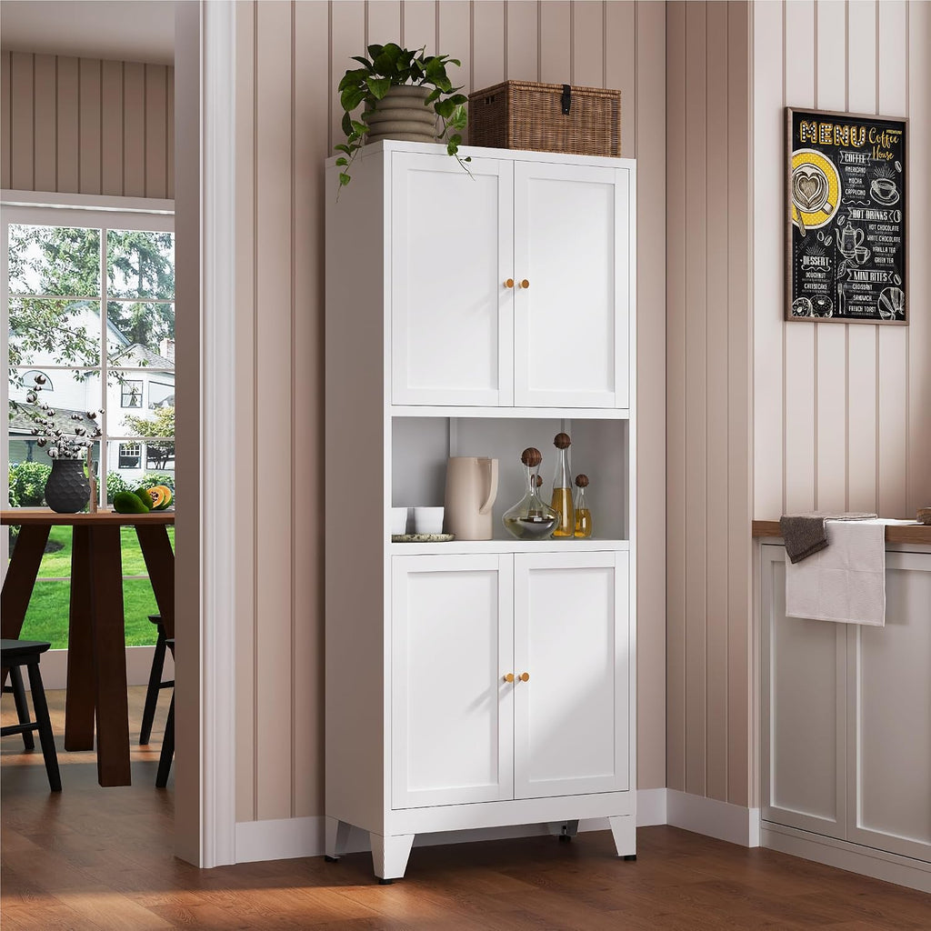 YAUWOH 69' Tall Metal Kitchen Pantry Cabinet with Microwave Shelf, 4 Doors & 3 Adjustable Shelves, Heavy Duty Food Storage Cabinet with Anti-Tip Design for Kitchen,Dining Room (1PC,White)