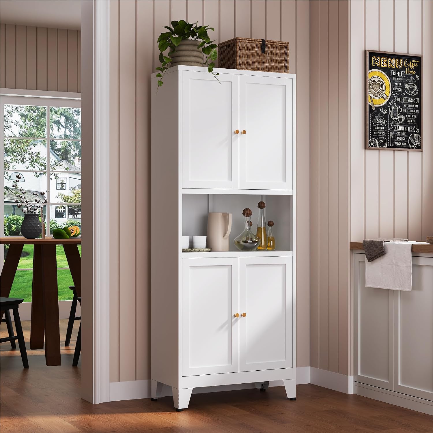 YAUWOH 69' Tall Metal Kitchen Pantry Cabinet with Microwave Shelf, 4 Doors & 3 Adjustable Shelves, Heavy Duty Food Storage Cabinet with Anti-Tip Design for Kitchen,Dining Room (1PC,White)