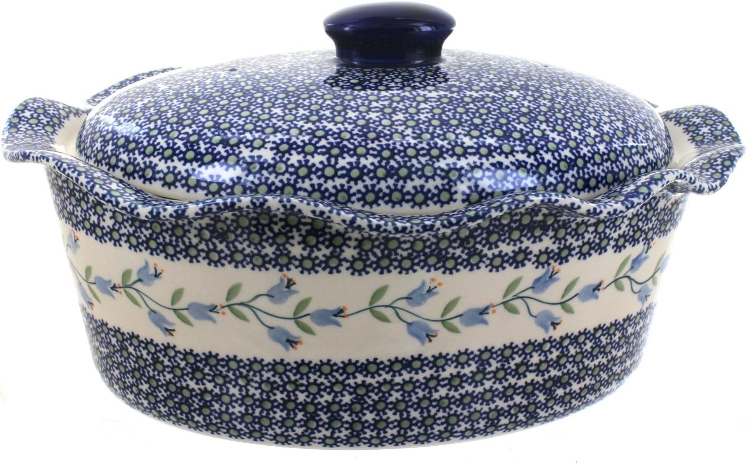 Blue Rose Polish Pottery - Blue Tulip Large Oval Baker with Lid - 3.75 QT - Unique, Dishwasher Safe, & Durable Bakeware