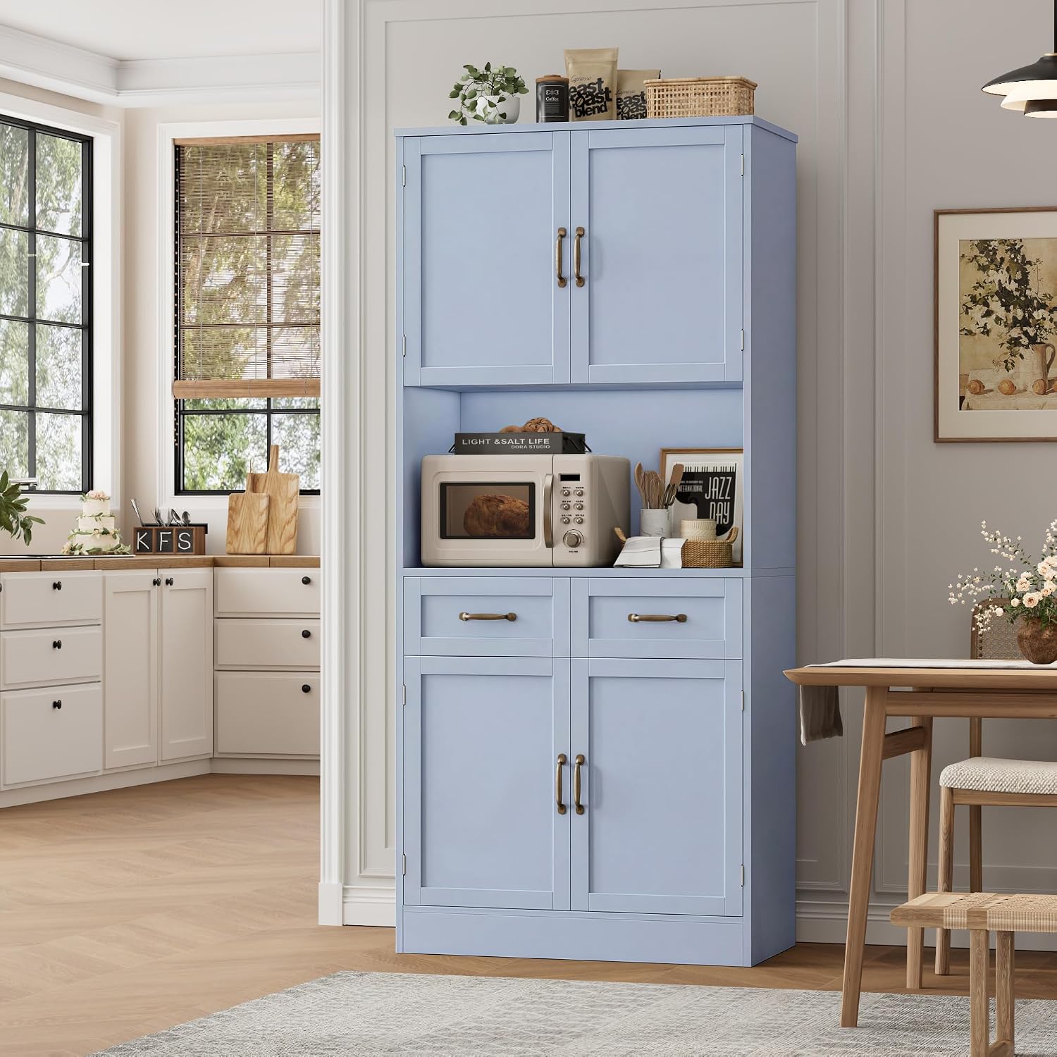 HOSTACK 71' Tall Kitchen Pantry Storage Cabinet, Modern Kitchen Hutch Bar Cabinet with Microwave Stand, Wood Buffet Sideboard with Hutch, Cupboard with Drawers, Shelves for Dining Room, Light Blue