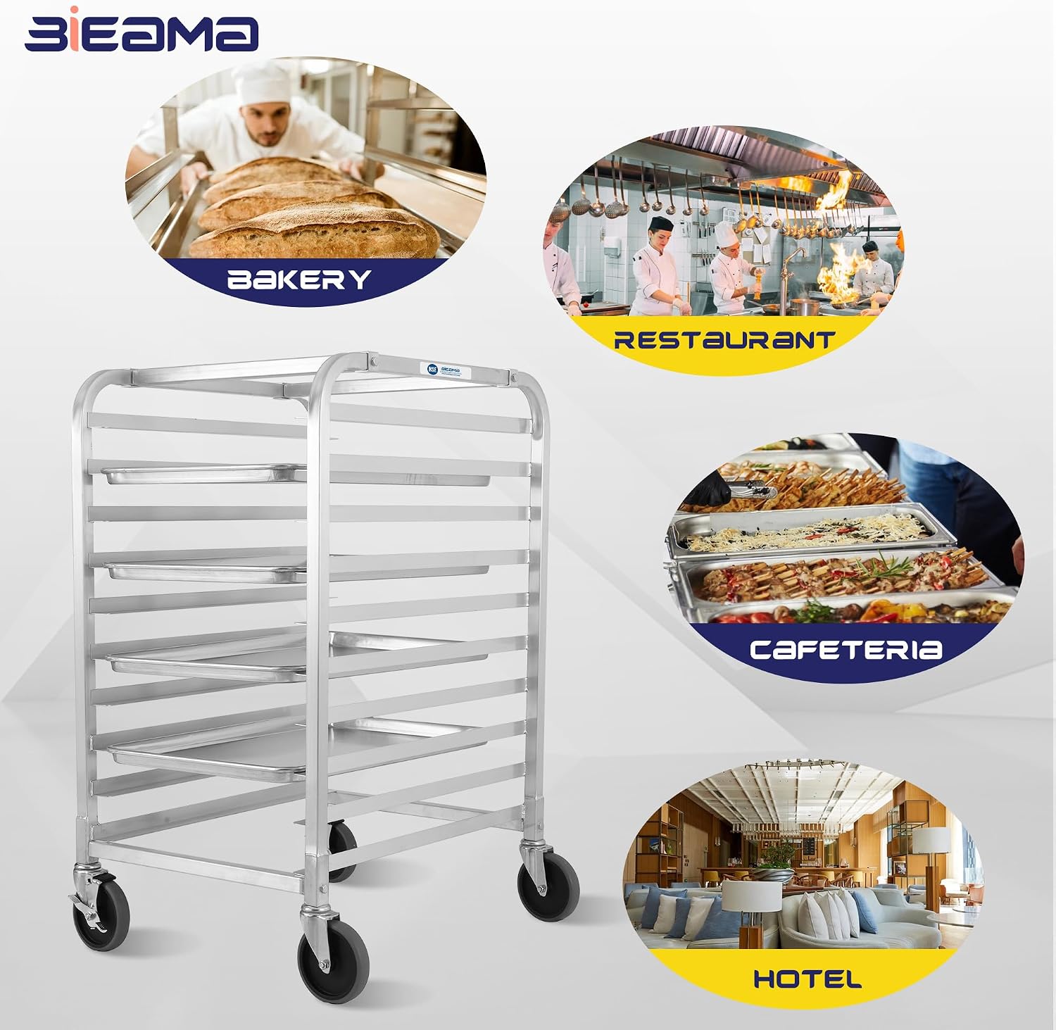 BIEAMA 10-Tier Sheet Pan Rack, NSF Bun Pan Rack, Aluminum Bakery Rack, Home Commercial Kitchen Bakery Cooling, 4 Wheels