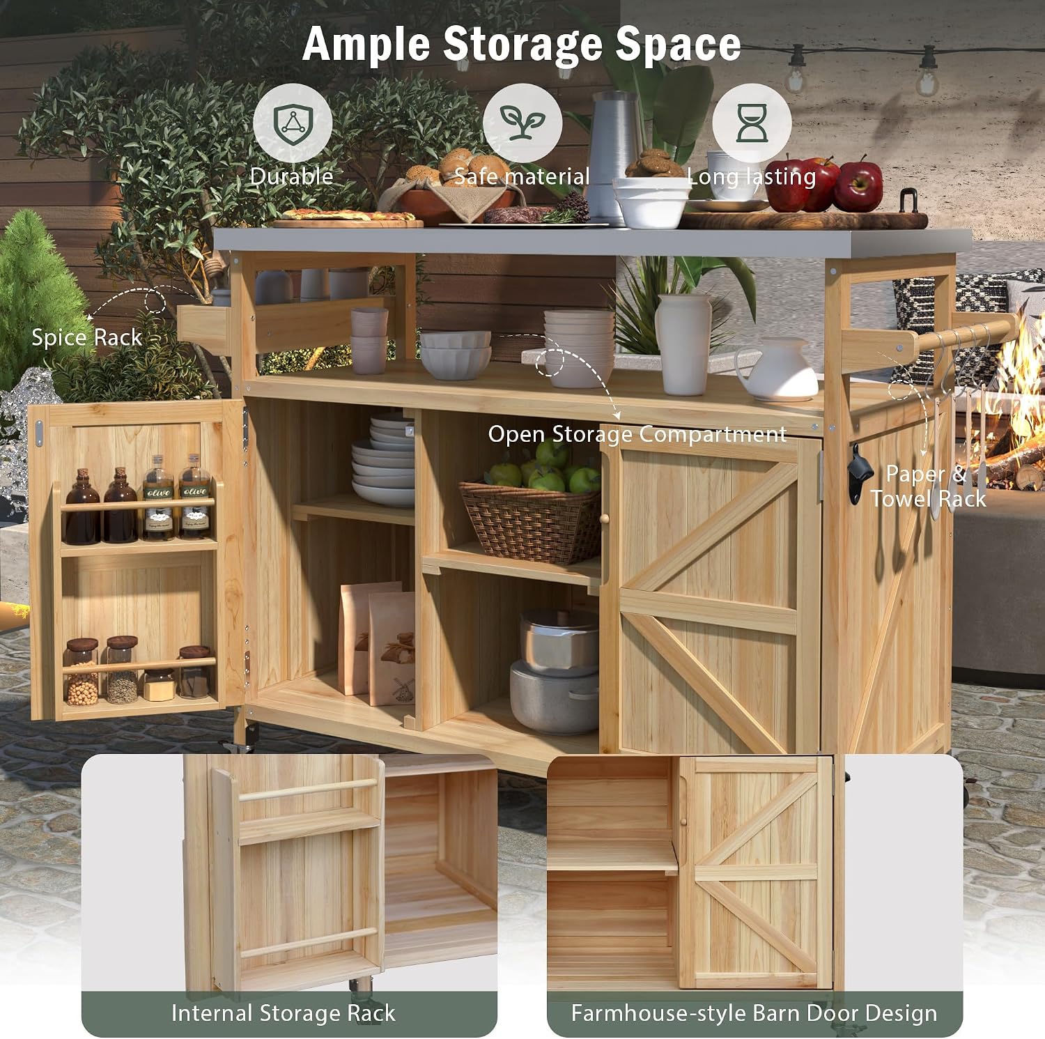 Outdoor Kitchen Island Rolling Bar Cart & Storage Cabinet Farmhouse Solid Wood Outdoor Grill Table with Stainless Steel Top, Spice Rack, Towel Rack for Dining Room Kitchens Barbecue Natural