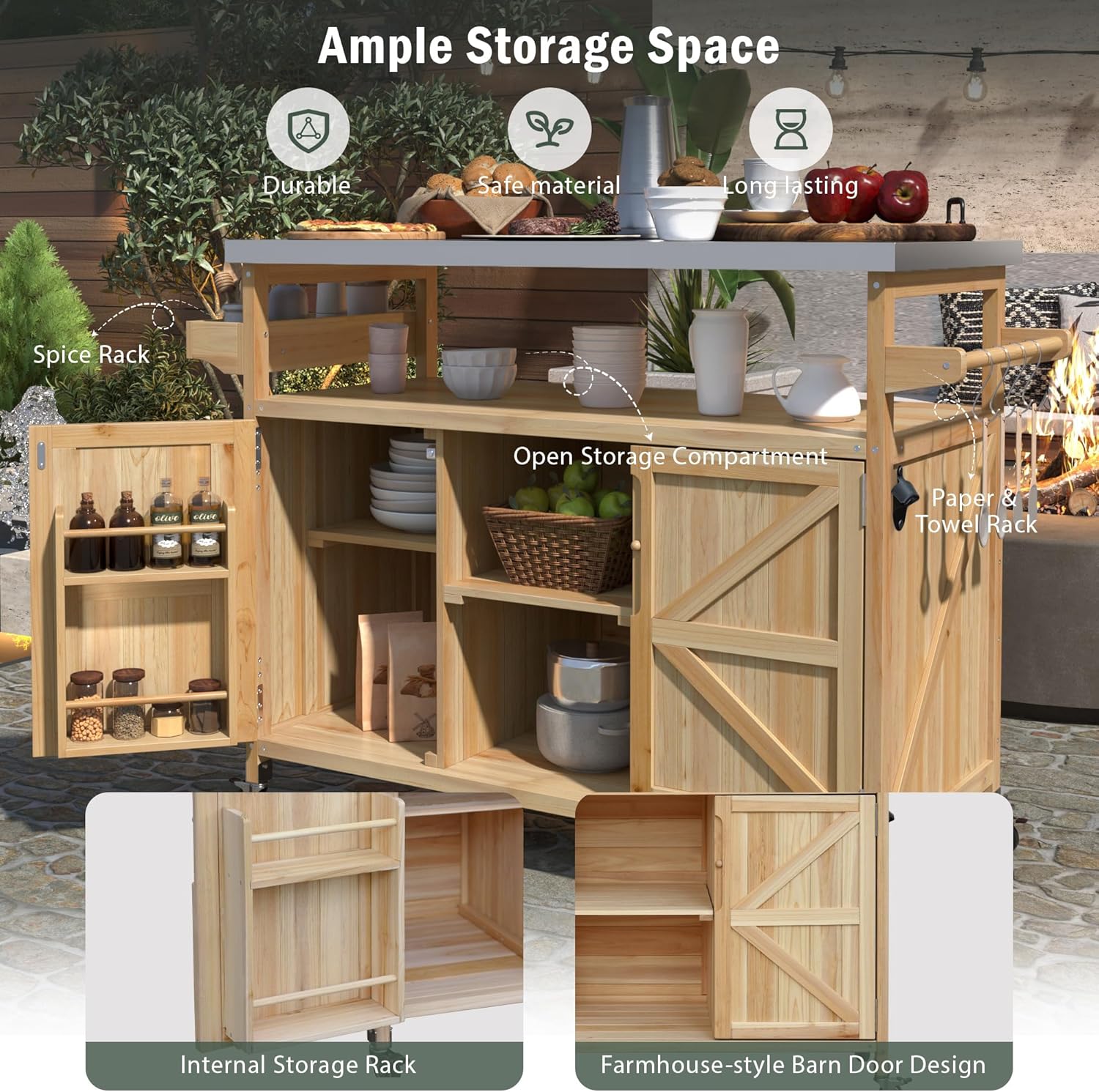 Farmhouse Outdoor Kitchen Island, Rolling Bar Cart & Storage Cabinet with Stainless Steel Top, Spice Rack, Towel Rack for Kitchen & Barbecue, Solid Wood Outdoor Grill Table (Natural)
