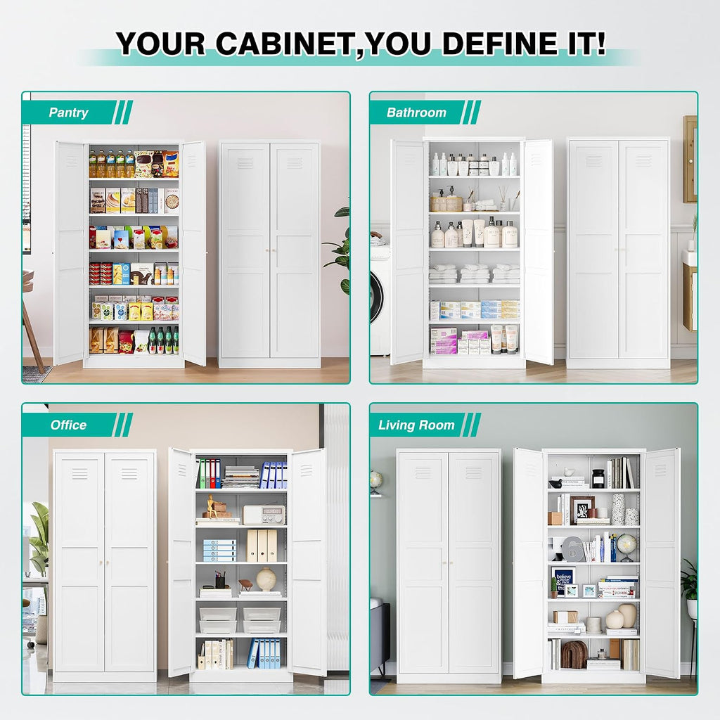 SISESOL 71' Tall Pantry Cabinet with 2 Doors and 5 Shelves,Kitchen Pantry Storage Cabinets,White Metal Storage Cabinet,Wide Deep Food Cupboard for Home,Kitchen,Dining/Living Room