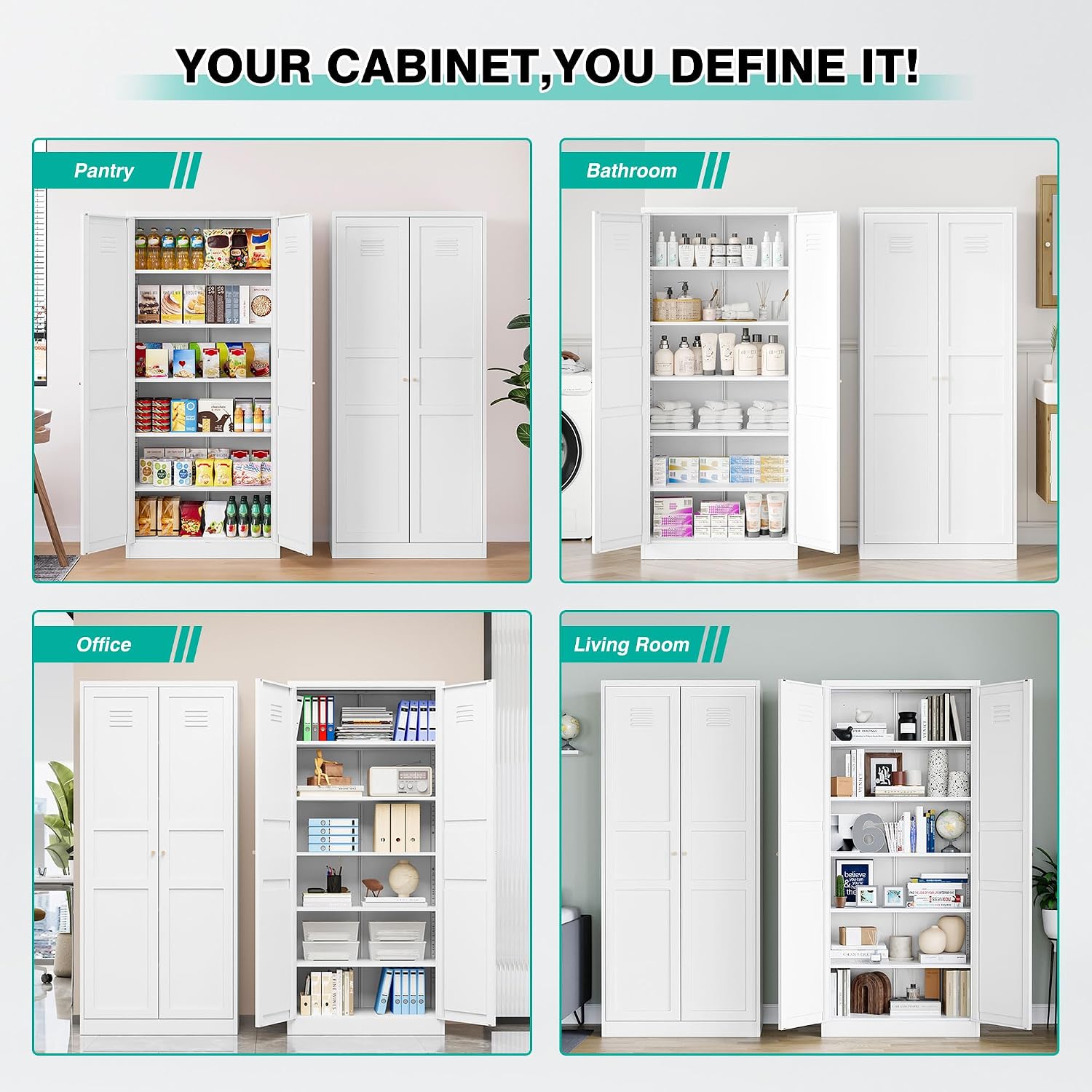 SISESOL 71' Tall Pantry Cabinet with 2 Doors and 5 Shelves,Kitchen Pantry Storage Cabinets,White Metal Storage Cabinet,Wide Deep Food Cupboard for Home,Kitchen,Dining/Living Room