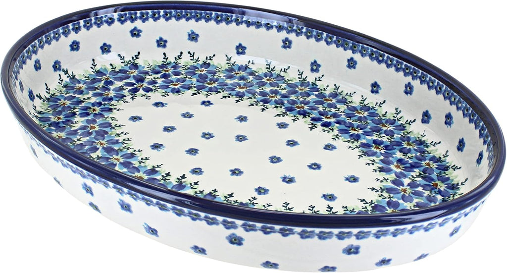 Blue Rose Polish Pottery - Blue Kalina Large Oval Baker - 14' x 10.25' - Unique, Dishwasher Safe, & Durable Bakeware