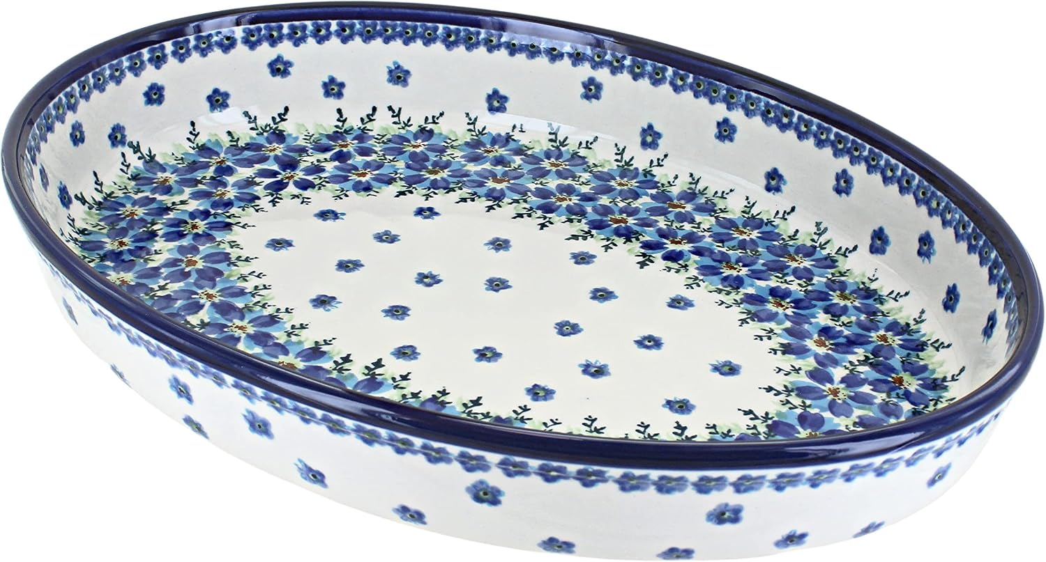 Blue Rose Polish Pottery - Blue Kalina Large Oval Baker - 14' x 10.25' - Unique, Dishwasher Safe, & Durable Bakeware