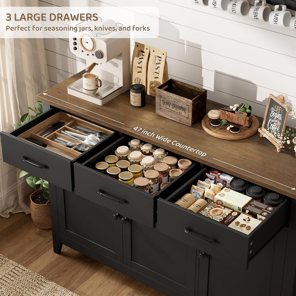 HORSTORS 47' Buffet Cabinet with Storage, Kitchen Buffet Table with Drawers, Modern Farmhouse Coffee Bar Storage Cabinet with Adjustable Shelf, Wood Sideboard for Dining Room, Kitchen, Entryway, Black
