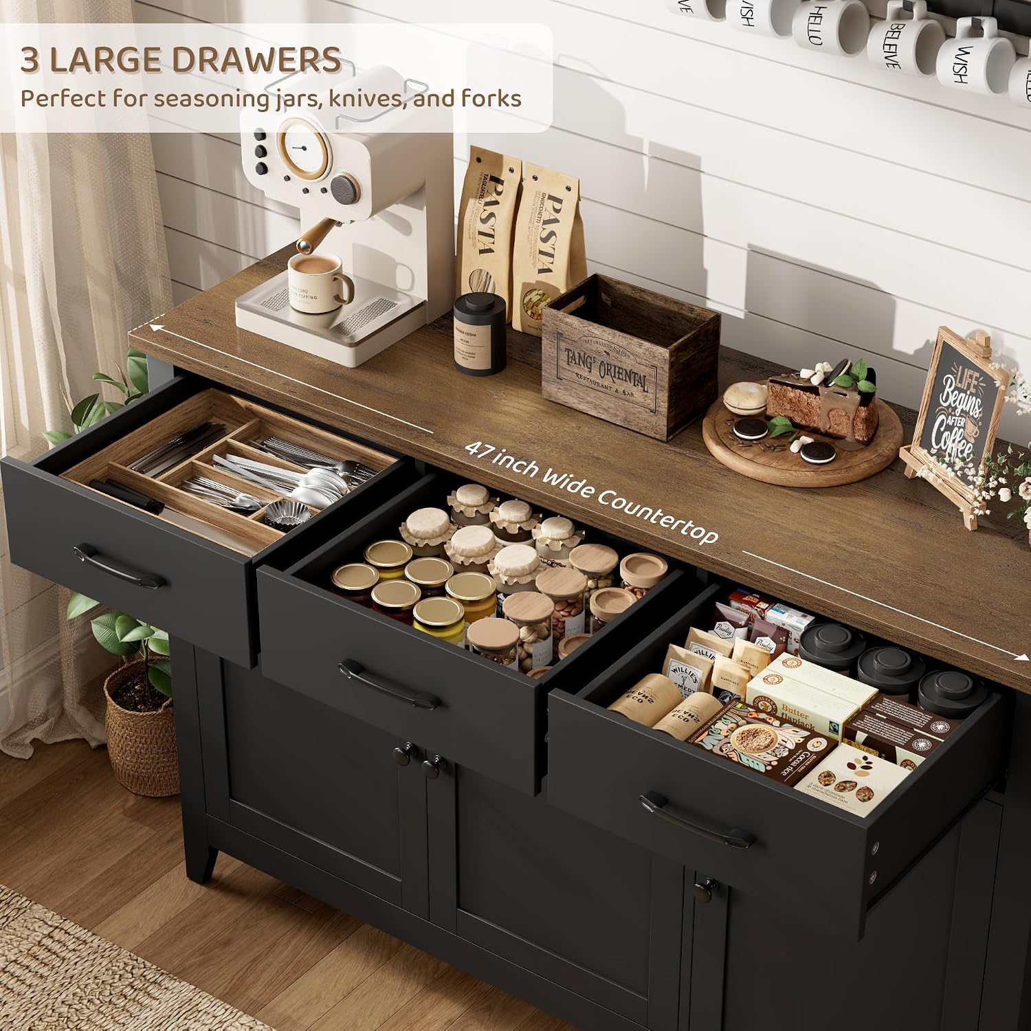HORSTORS 47' Buffet Cabinet with Storage, Kitchen Buffet Table with Drawers, Modern Farmhouse Coffee Bar Storage Cabinet with Adjustable Shelf, Wood Sideboard for Dining Room, Kitchen, Entryway, Black