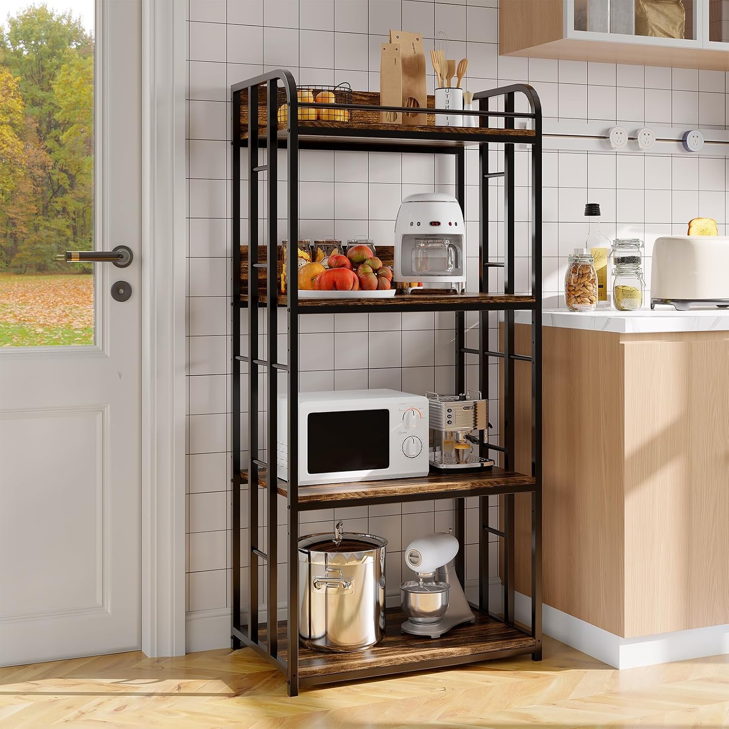 Takywep 4 Tier Bakers Rack, Freestanding Microwave Stand, Industrial Kitchen Storage Rack with Adjustable Shelves, Heavy Duty Metal Frame Utility Shelves for Living Room, Garage