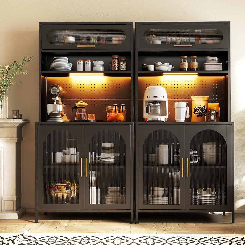 BECHEAO 5 Tier Metal Kitchen Pantry Storage Cabinet with LED Sensor Light, 66' Tall Food Pantry Cabinet, DIY Pegboard, Adjustable Shelves, Microwave Stand & Coffee Bar with Storage for Kitchen, Black