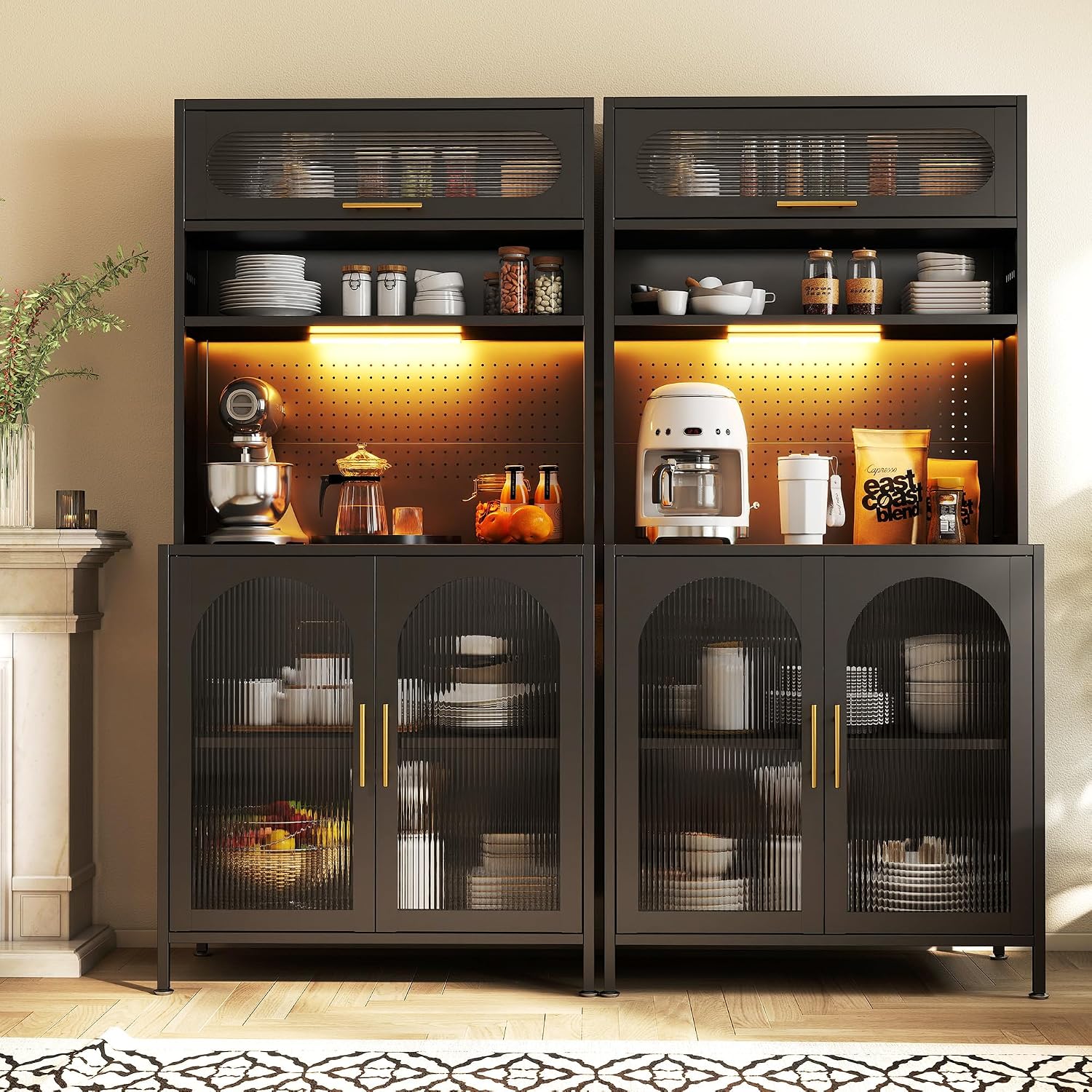 BECHEAO 5 Tier Metal Kitchen Pantry Storage Cabinet with LED Sensor Light, 66' Tall Food Pantry Cabinet, DIY Pegboard, Adjustable Shelves, Microwave Stand & Coffee Bar with Storage for Kitchen, Black