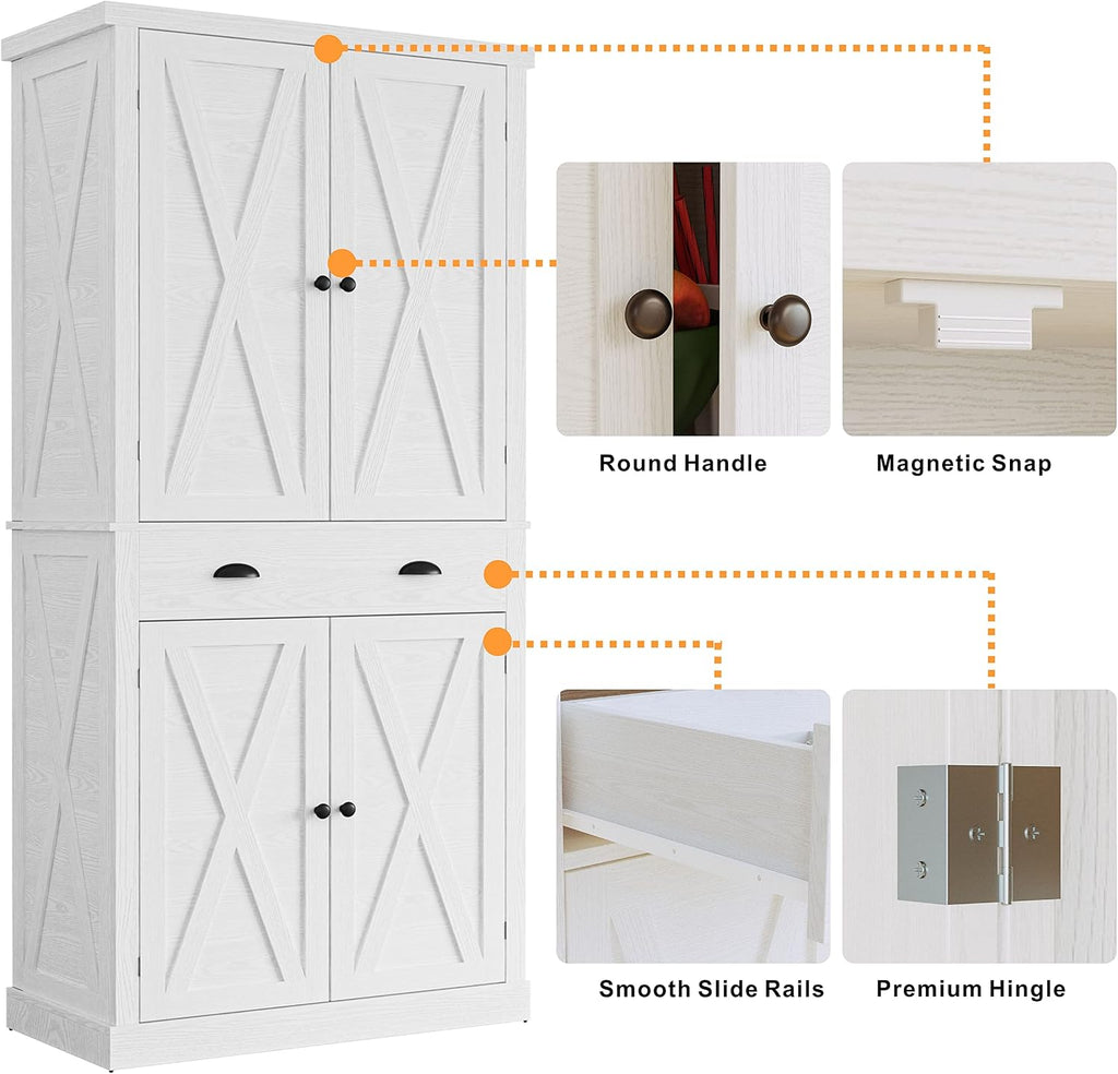IRONCK Kitchen Pantry Storage Cabinet 72.6' H, with Barn Doors, Drawer, 4 Adjustable Shelves, Freestanding Cupboard, Laundry, White