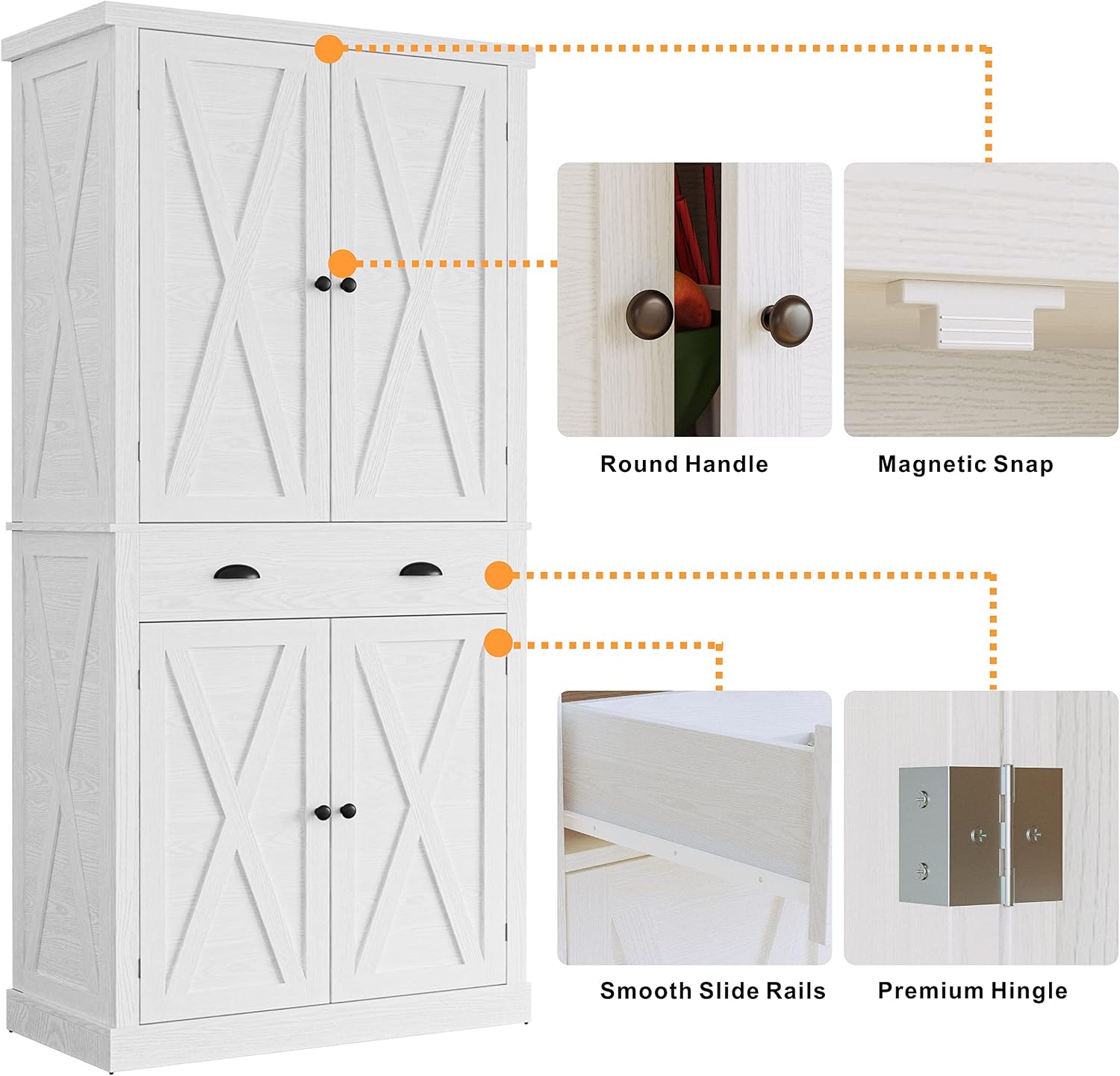 IRONCK Kitchen Pantry Storage Cabinet 72.6' H, with Barn Doors, Drawer, 4 Adjustable Shelves, Freestanding Cupboard, Laundry, White