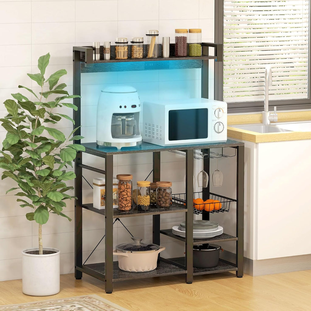 Rack with Power Outlet and LED Lights, Bakers Racks for Kitchens with Storage, Industrial Microwave Stand with Glass Holders, Metal Basket, Multiple Shelves, Gray