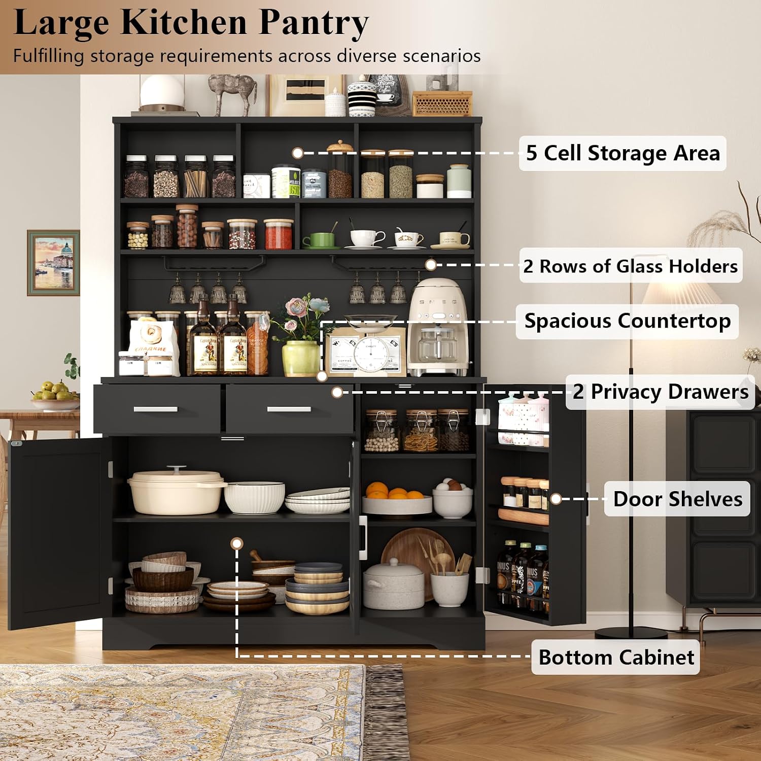 Tall Pantry Cabinet, Modern Kitchen Hutch with Microwave Stand, Kitchen Pantry Storage Cabinet with 2 Darwers & Door Shelf, Food Pantry with Goblet Holders & Adjustable Shelves for Dining Room, Black