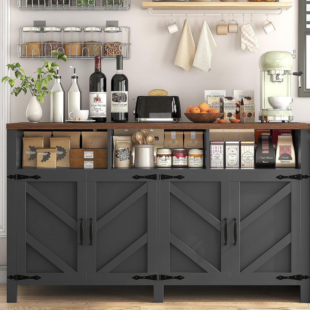 knoworld Buffet Sideboard with Storage Farmhouse with 4 Doors, 55'' Large Kitchen Storage Cabinet Wood Coffee Bar Cabinet Buffet Table with Shelves for Kitchen, Dining Room, Entryway (Black, 55 in)