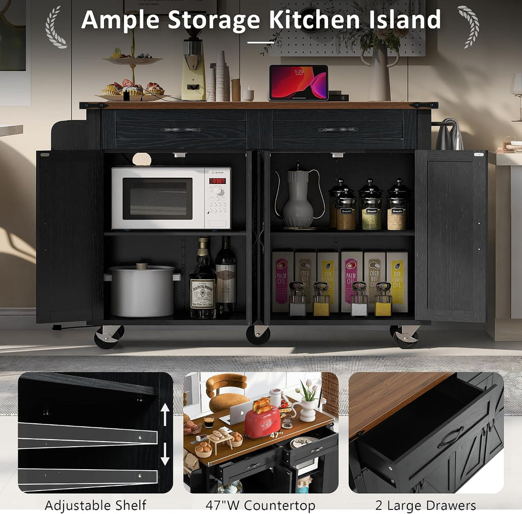 Farmhouse Kitchen Island,Large Rolling Kitchen Cart on Wheels Black | Solid Wood Storage Island with Drop Leaf, Spice Rack and Drawer,Power Outlet