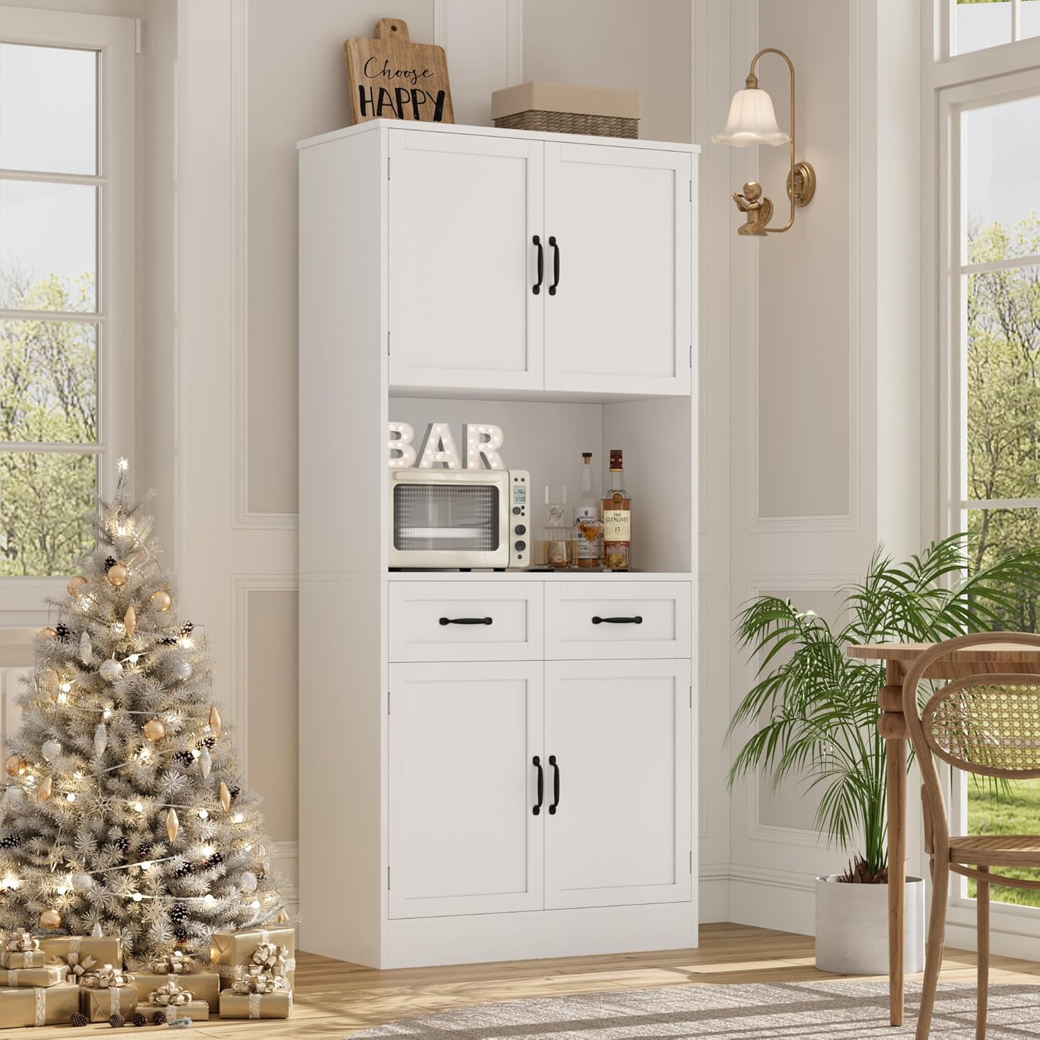 HOSTACK 71' Tall Kitchen Pantry Storage Cabinet, Modern Kitchen Hutch Bar Cabinet with Microwave Stand, Wood Buffet Sideboard with Hutch, Cupboard with Drawers, Shelves for Dining Room, White