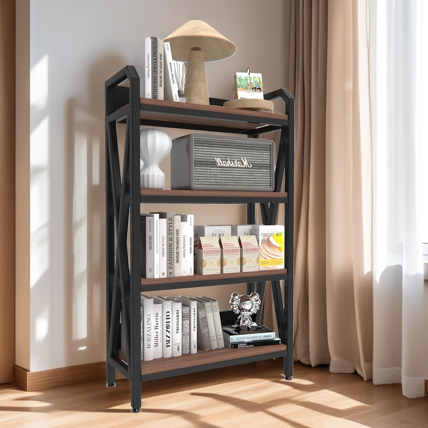 56.3' Baker's Rack for Kitchen, 4-Tier Metal Wood Shelf, Heavy Duty Adjustable Shelving Unit, Freestanding Organizer for Garage Pantry Bathroom Closet, Black Brown