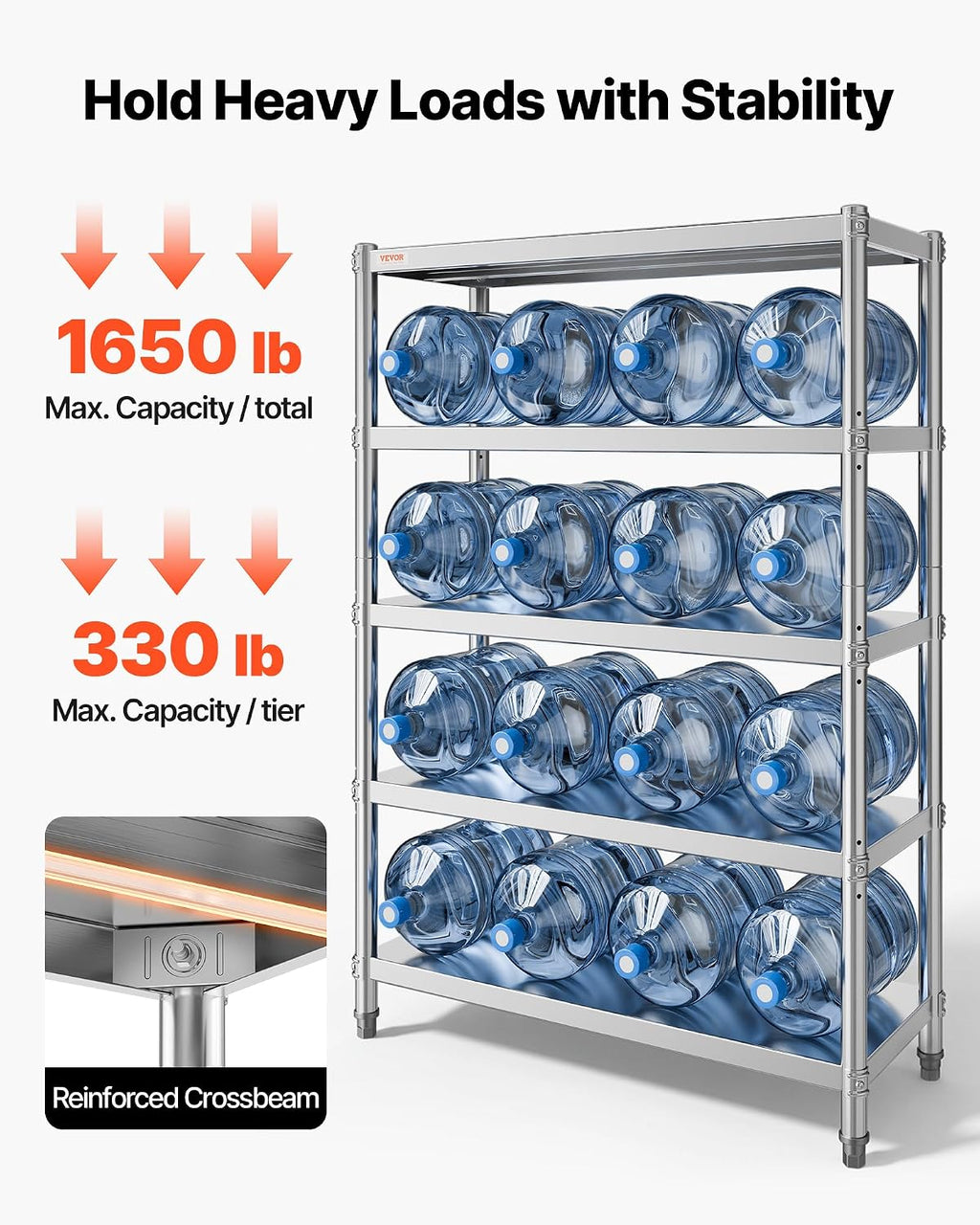 VBENLEM Stainless Steel Shelves 48x18.5 Inch 5 Tier Adjustable Shelf Storage Unit Stainless Steel Rack Shelving Heavy Duty Shelving for Kitchen Commercial Office Garage Storage 330lb Per Shelf