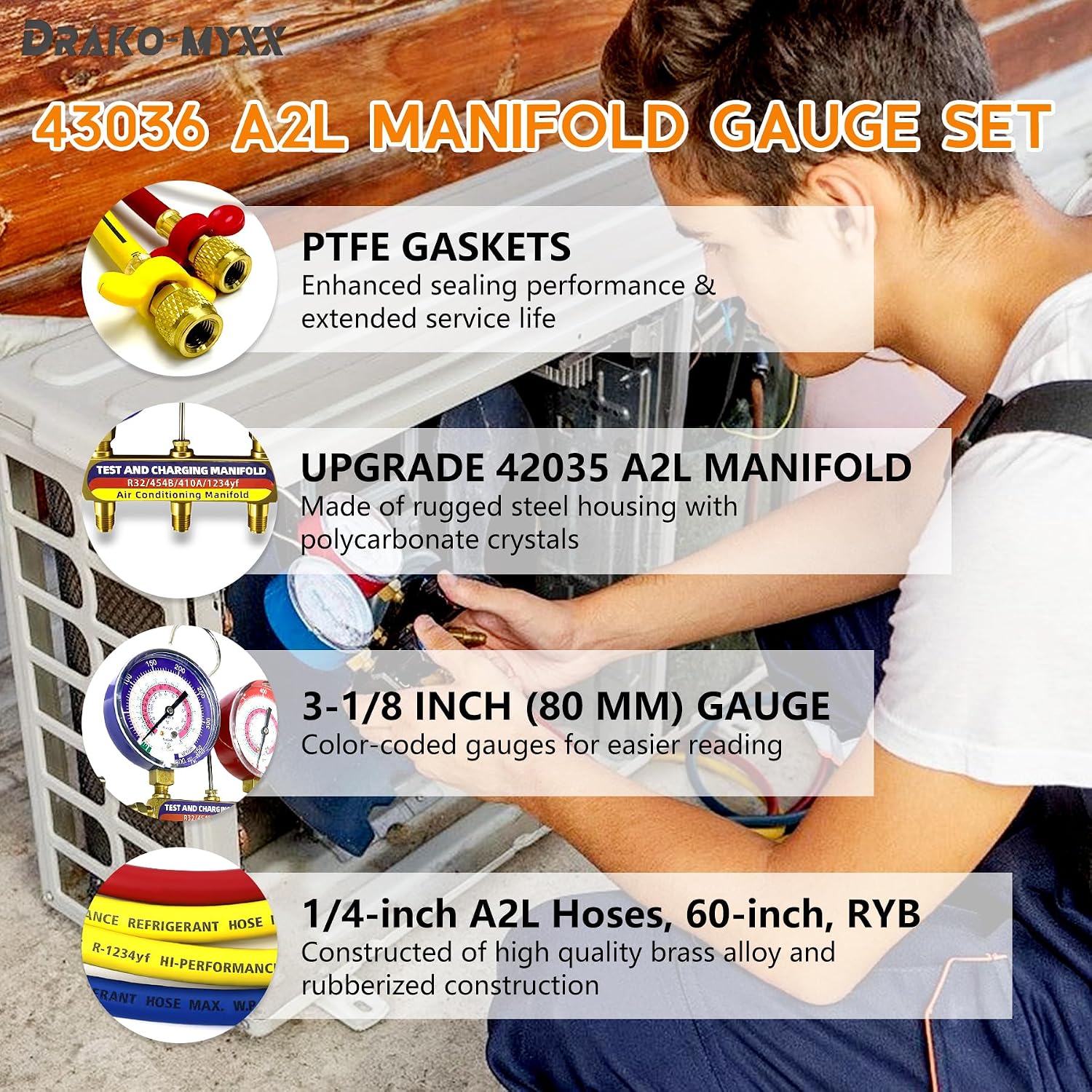Upgrade 42036 Test & Charging Manifold with 3-1/8'(80 mm) Gauges, A2L Compatible, 2-Valve, 60' Refrigerant Hose, Color-Coded Scales, HVAC Manifold for R32/454B/410A/1234yf,Y/R/B Hoses