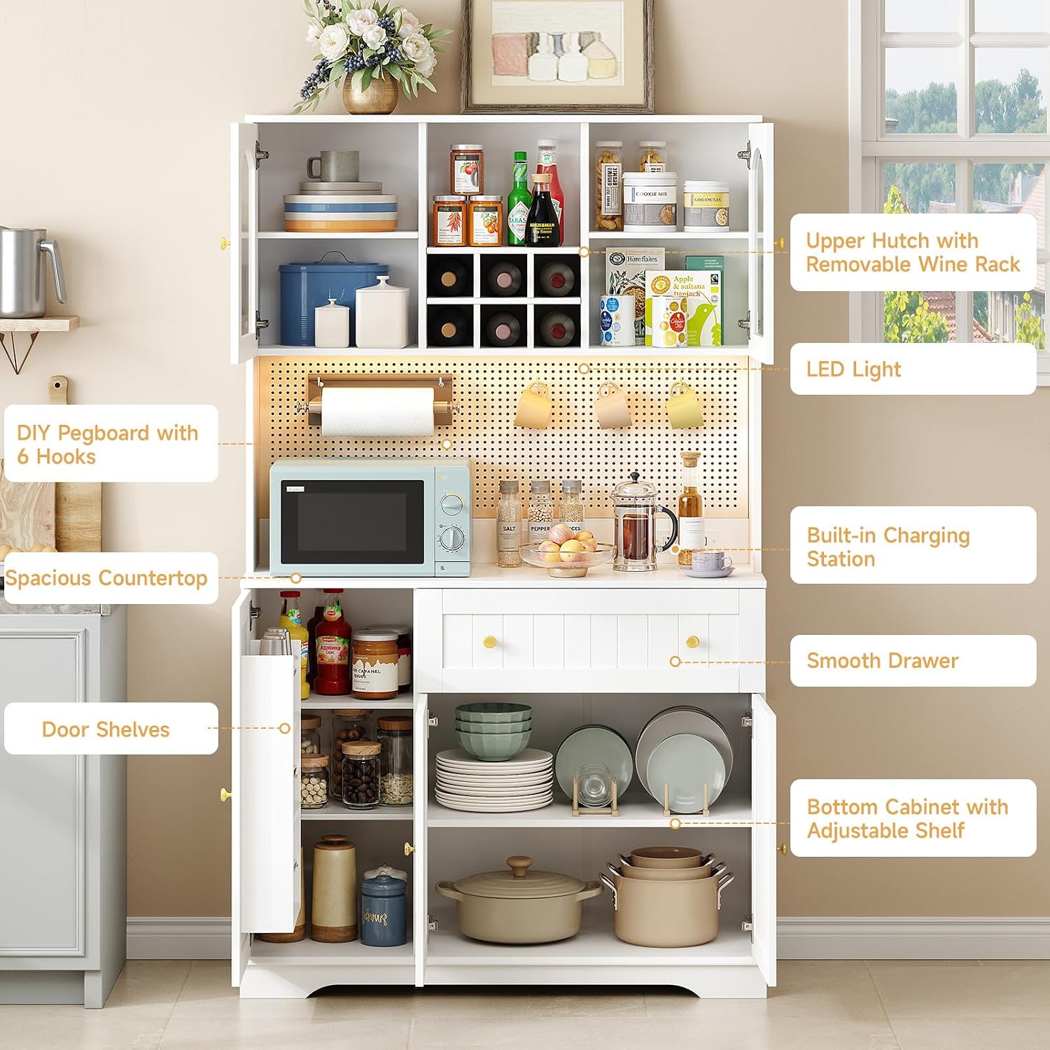 ONBRILL 71' Pantry Storage Cabinet with Microwave Shelf & Door Shelves, Kitchen Wood Pantry with Outlet & LED Light, Kitchen Hutch with DIY Pegboard & 6 Hook, Modern Cabinet with Drawer & Wine Rack