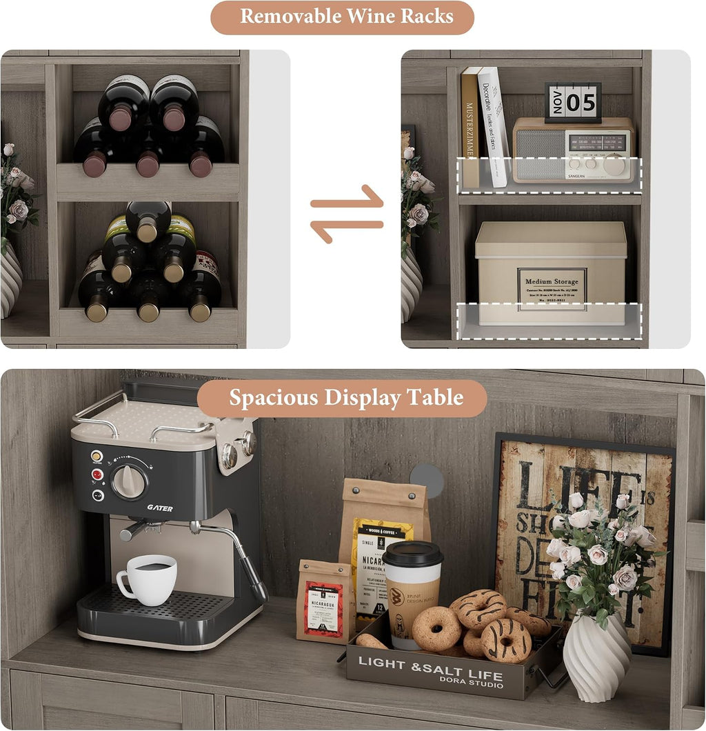 BOTLOG Pantry Organizers and Storage Cabinet, 72' Tall Kitchen Pantry Storage Cabinet with Microwave Stand, Wine Rack, Drawers and Adjustable Shelf for Dining Room, Living Room, Home BarAsh Grey