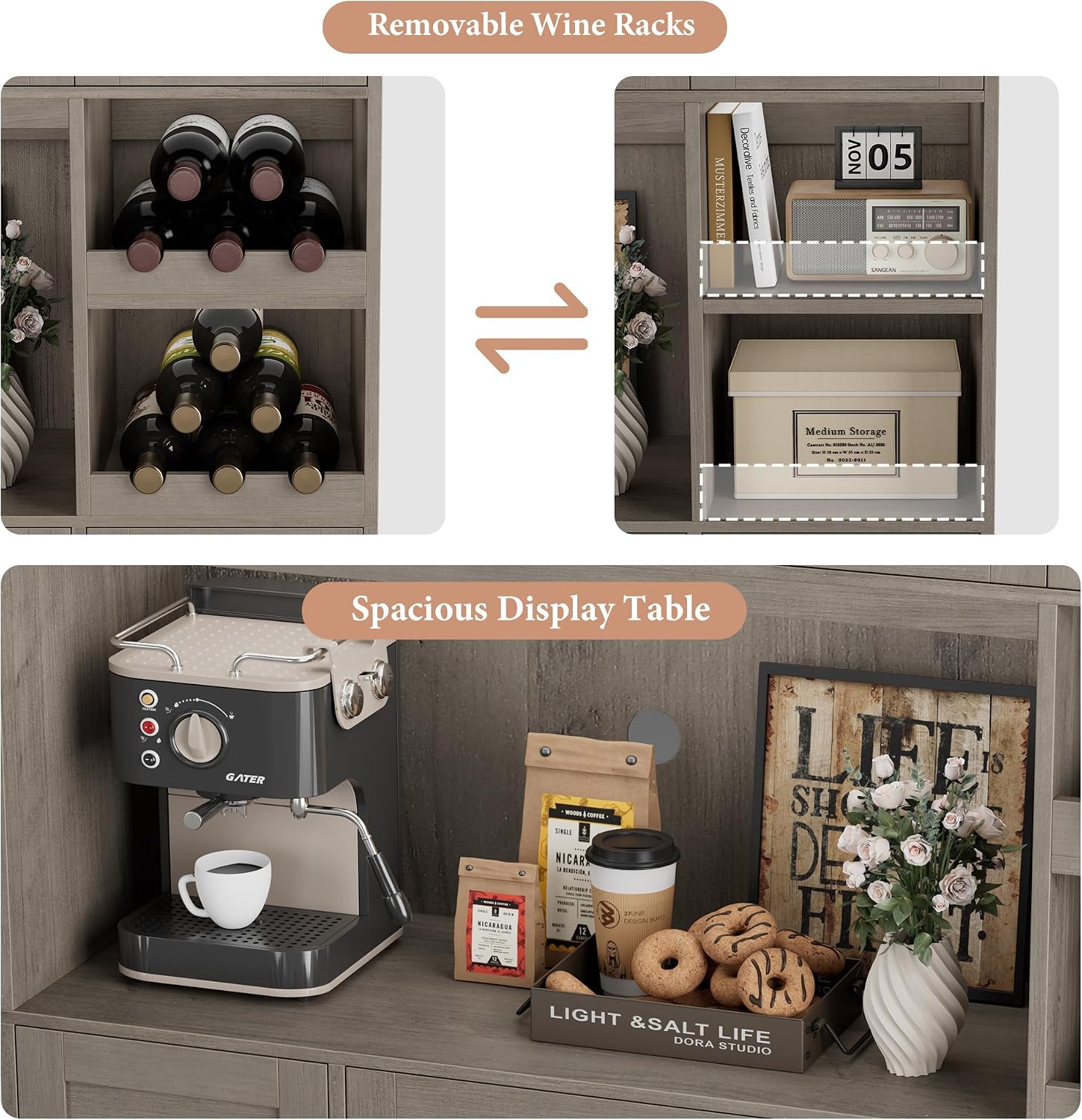 BOTLOG Pantry Organizers and Storage Cabinet, 72' Tall Kitchen Pantry Storage Cabinet with Microwave Stand, Wine Rack, Drawers and Adjustable Shelf for Dining Room, Living Room, Home BarAsh Grey