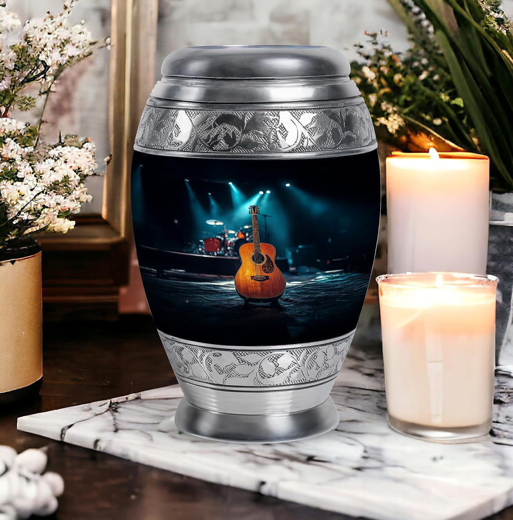 Guitar Urn - Memorial Urn - Secure Lid - Burial Urns - Urns for Adult Male Small - Hand Engraved - 10 inch
