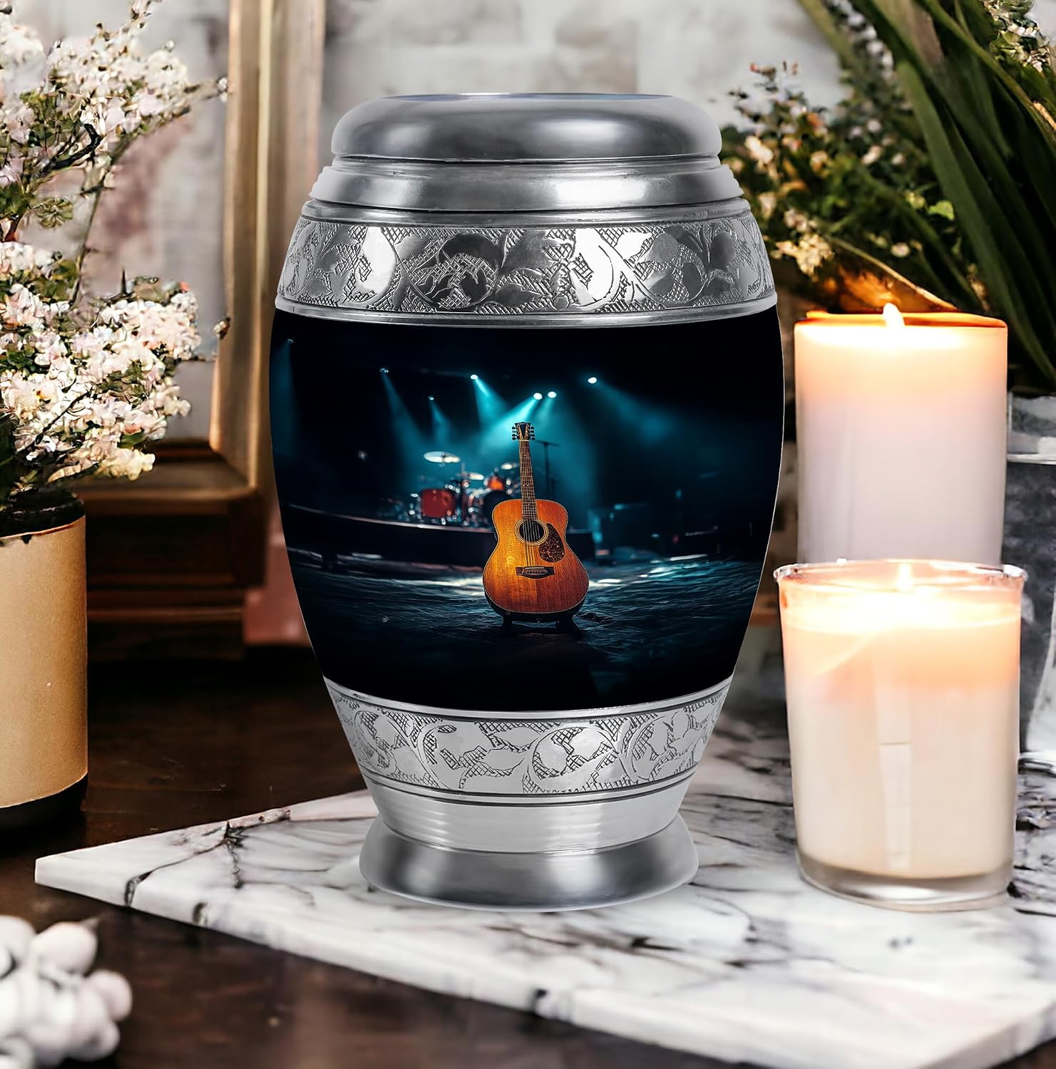 Guitar Urn - Memorial Urn - Secure Lid - Burial Urns - Urns for Adult Male Small - Hand Engraved - 10 inch