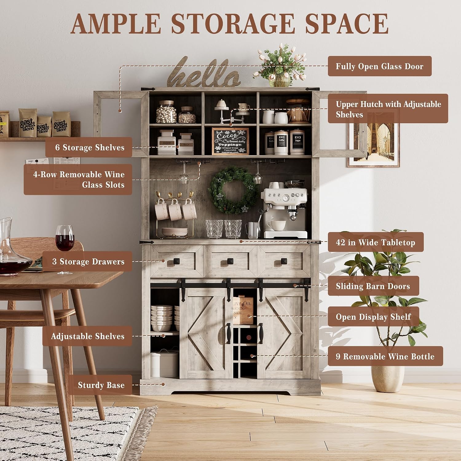 72 in Farmhouse Bar Cabinet with Sliding Barn Door, Tall Kitchen Buffet with Storage Hutch and 3 Drawer, Rustic Coffee Wine Bar Sideboard with Wine & Glasses Rack, for Living Room, Washed Grey