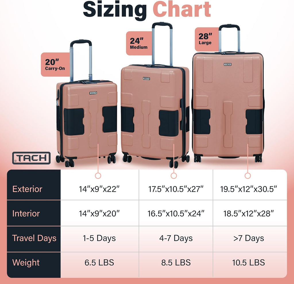 TACH Patented Connecting Hard Shell 3 Piece Luggage Set - 20, 24 & 28 inch Luggage | Carry-On, Medium & Large Rolling Suitcases - Pink