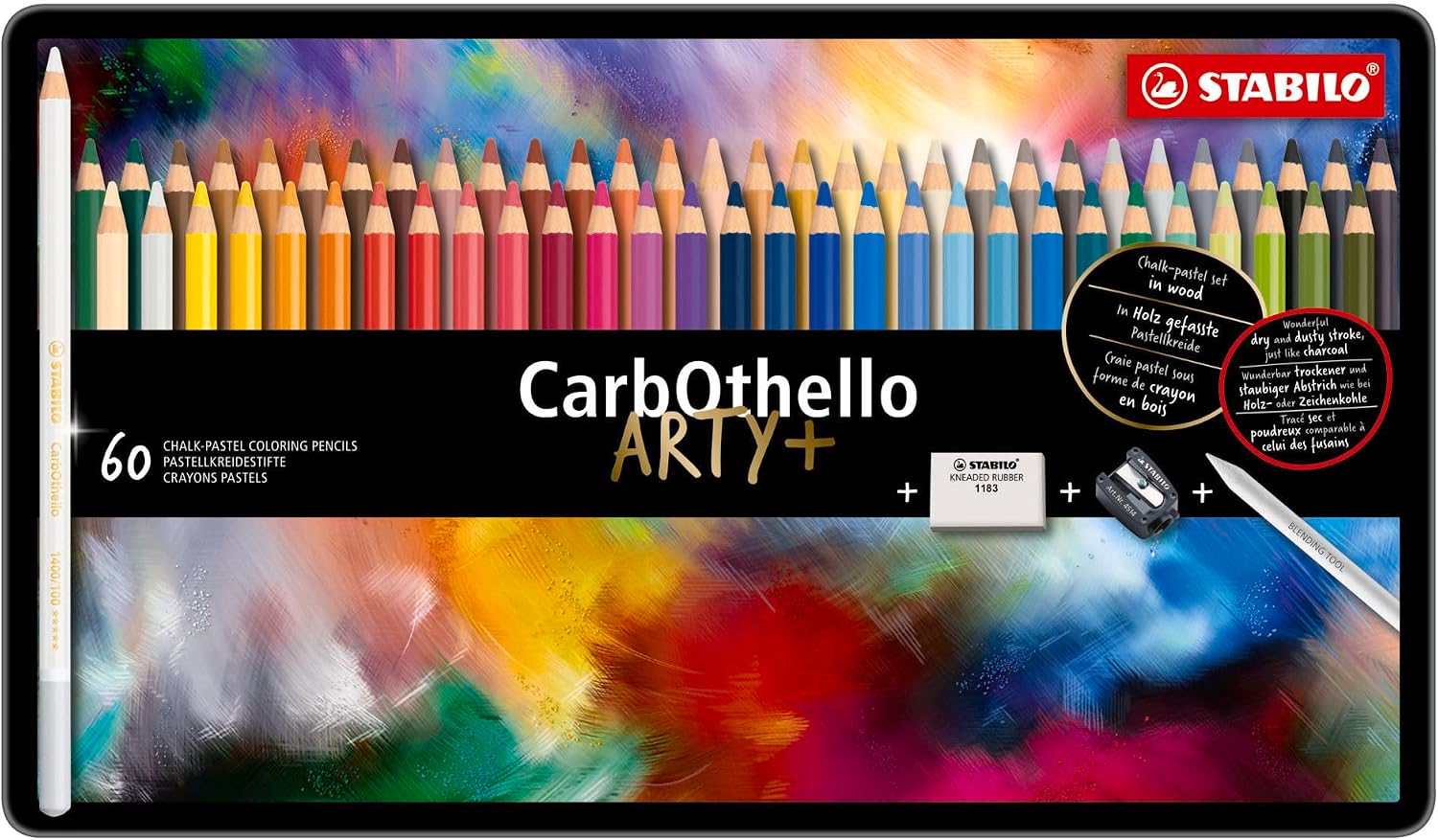 STABILO - CarbOthello - Chalk-Pastel Pencil - ARTY+ - Tin of 60 - Assorted colors with Sharpener, Kneaded Eraser and Blending Stump