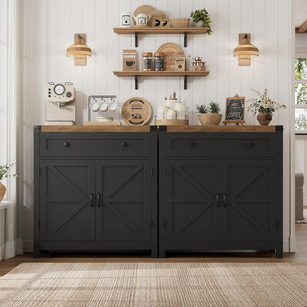 HOSTACK Coffee Bar Cabinet, Kitchen Storage Cabinet, Modern Farmhouse Buffet Sideboard with Drawer & Adjustable Shelf, Barn Door Accent Cabinets for Kitchen, Dining Room, Entryway, Black/Rustic Brown