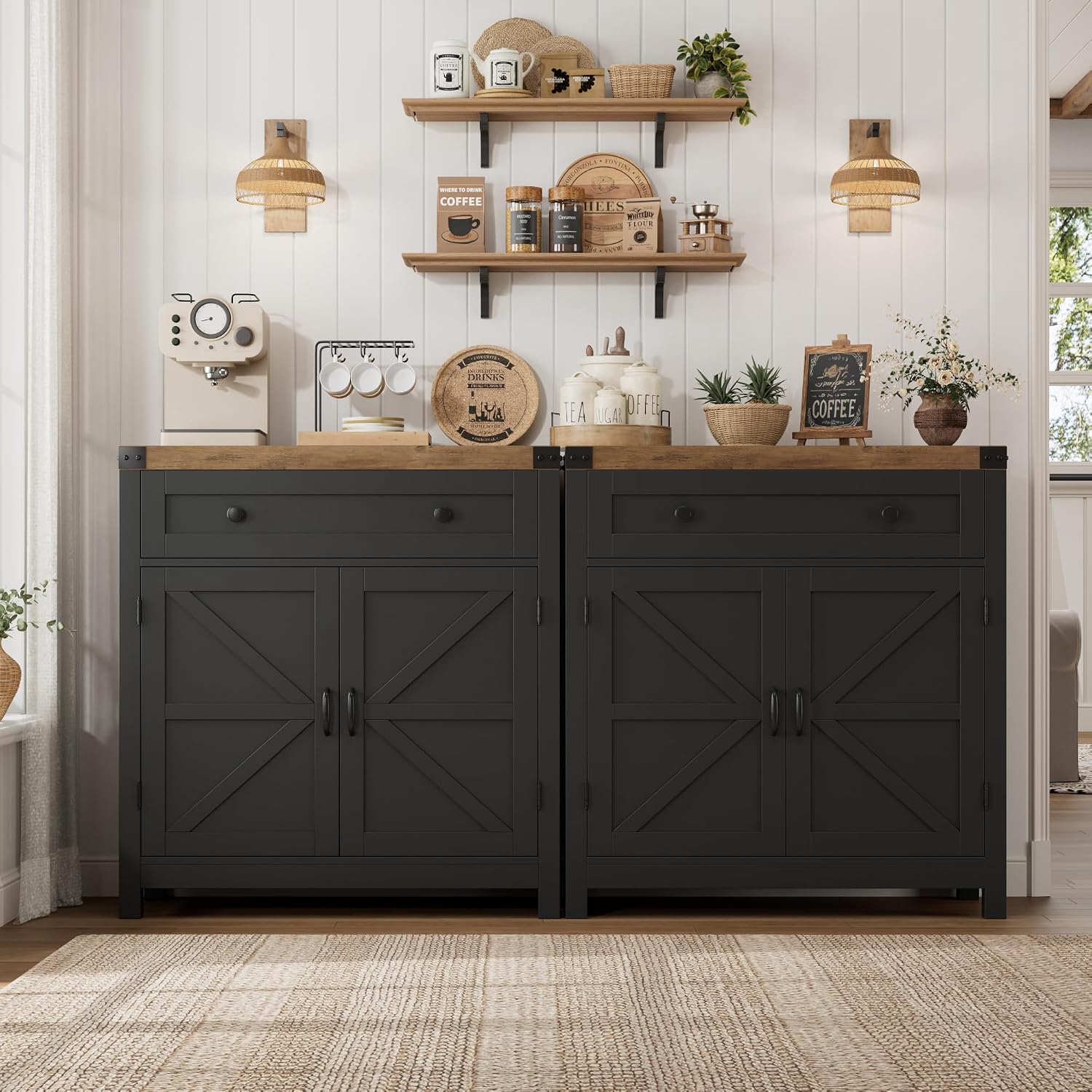 HOSTACK Coffee Bar Cabinet, Kitchen Storage Cabinet, Modern Farmhouse Buffet Sideboard with Drawer & Adjustable Shelf, Barn Door Accent Cabinets for Kitchen, Dining Room, Entryway, Black/Rustic Brown